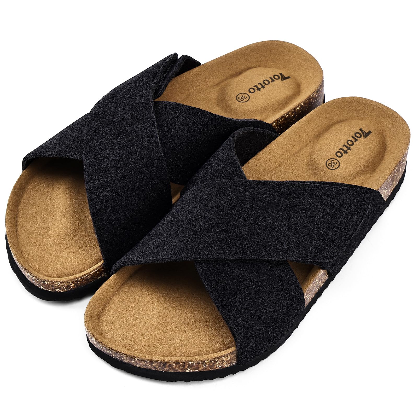 Torotto Damen Pantoletten mit Kork-Fußbett und verstellbarem Riemen - Bequeme Hausschuhe für Indoor und Outdoor - Weiches Obermaterial mit Gummisohle