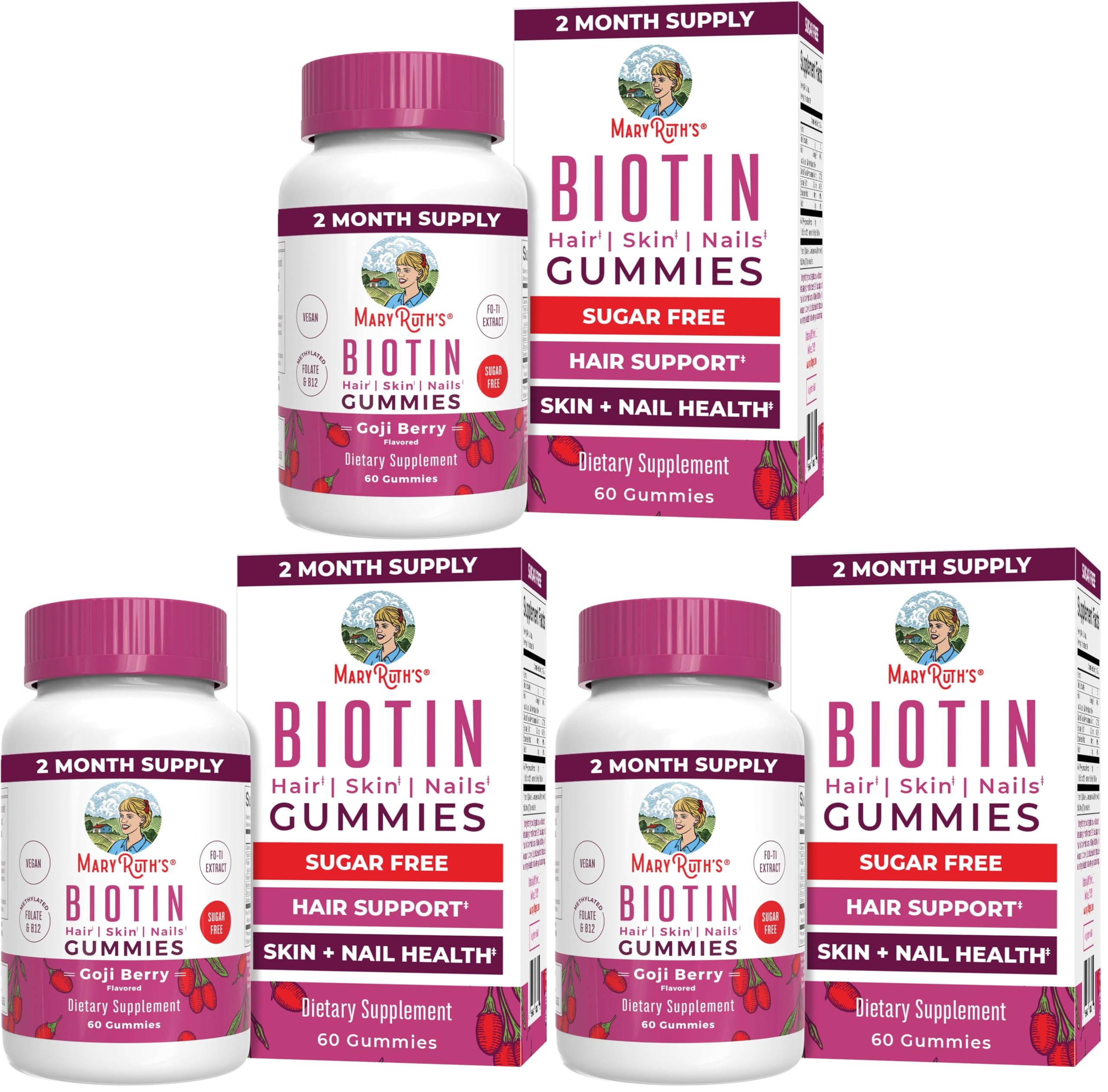 MARYRUTH'S Organics Biotin Gummies | Sugar Free | Vegan | Non-GMO | 2,500 mcg Biotin Supplement | Hair Skin and Nails Vitamins | Hair Growth Vitamins | Hair Growth Supplement | 60 Count (Pack of 3)