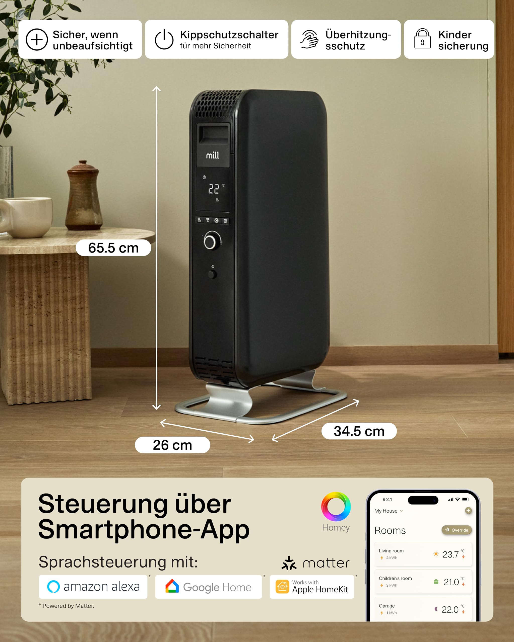 Mill Ölradiator Elektro Heizkörper 1500W - WIFI Smarte Elektroheizung mit App, Heizung elektrisch 18-22m², Ölradiator energiesparend, Elektroheizkörper leise & sicher, Designed in Norwegen - schwarz
