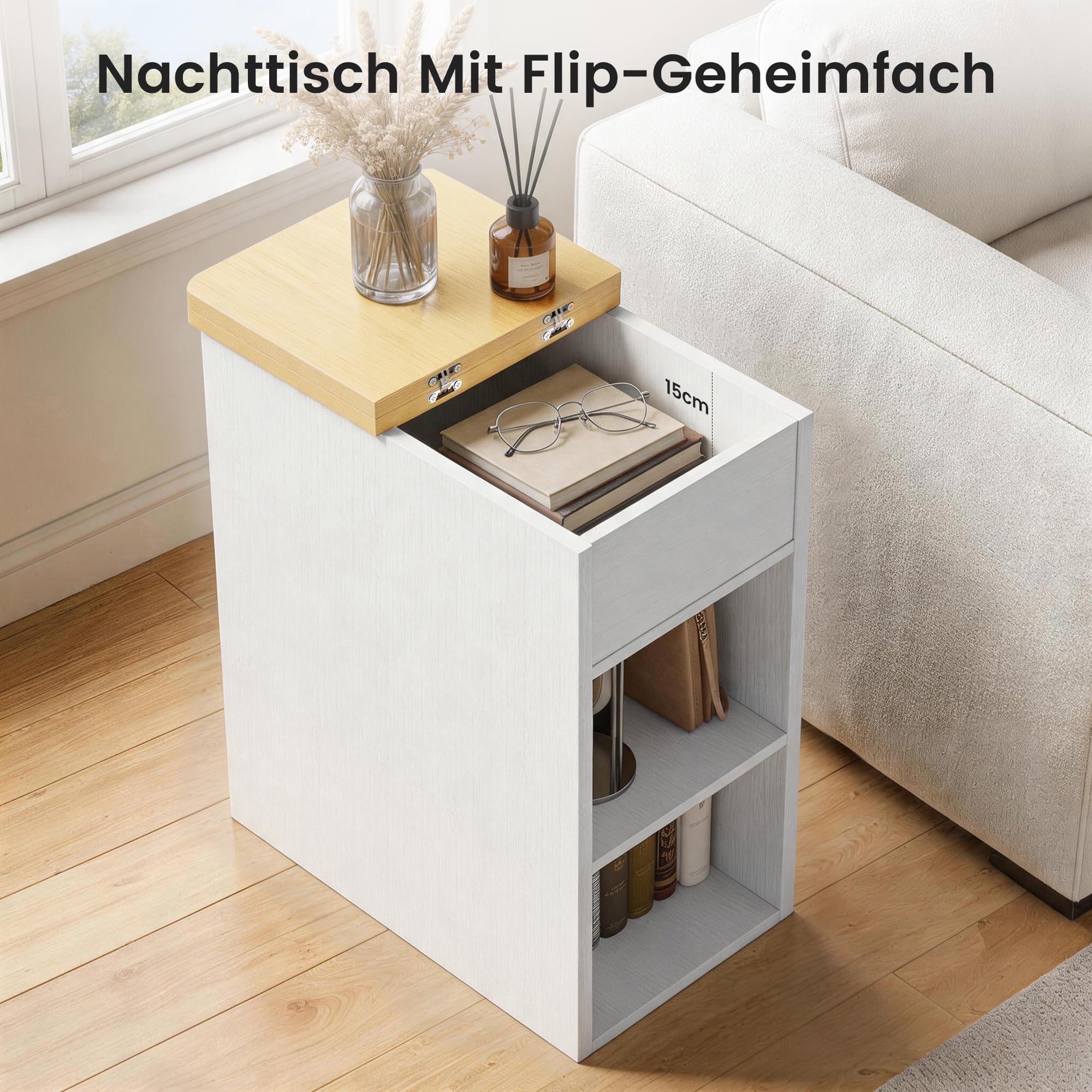 YOUDENOVA Nachttisch Schmal 30 cm, Beistelltisch mit Ladefunktion 2 AC, 1x USB-A und 1x USB-C, Nachtschrank Modern mit 2 Offene Regale und Versteckte Fächer, fürs Wohnzimmer, Schlafzimmer, Natur