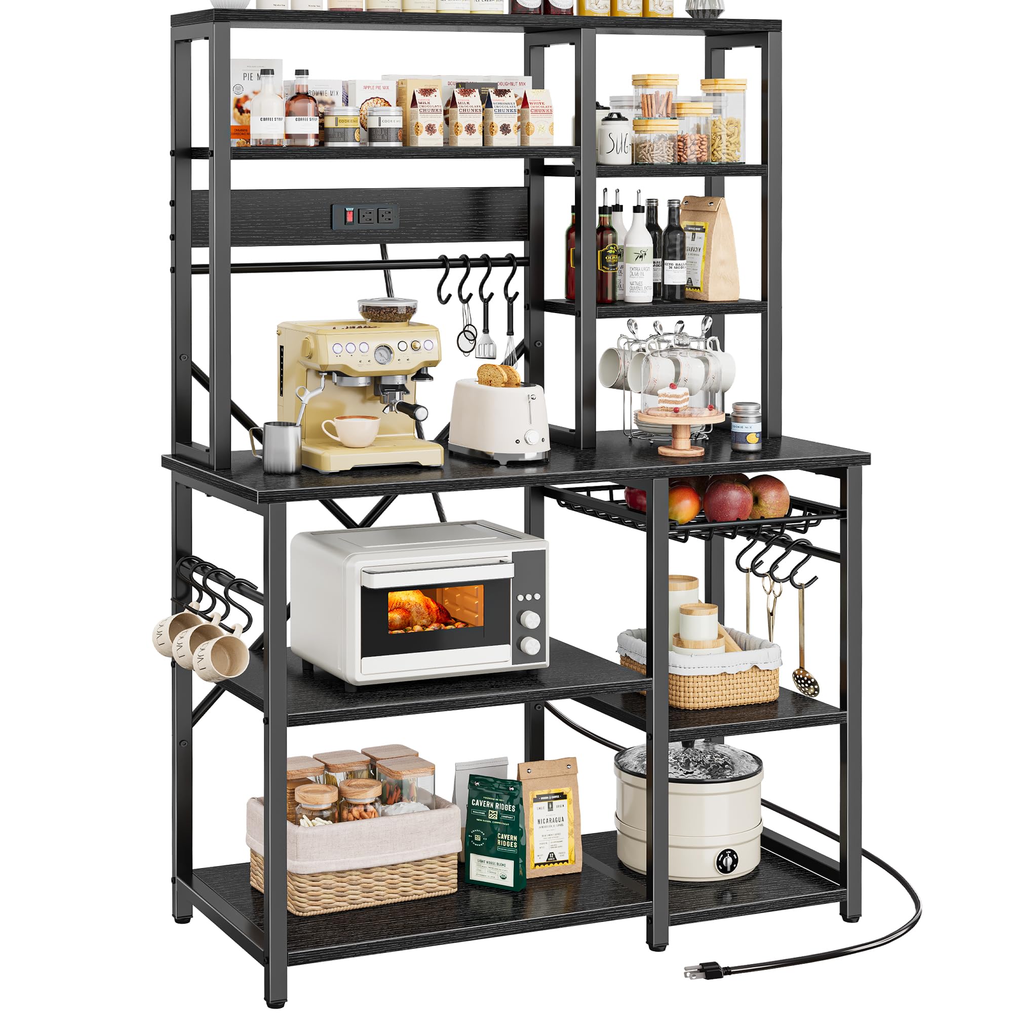 superjare large bakers rack with power outlets, 6-tier microwave stand, coffee bar with 12 s-shaped hooks, kitchen shelf with wire basket, 39.3 x 15.5 x 66.9 inches, black