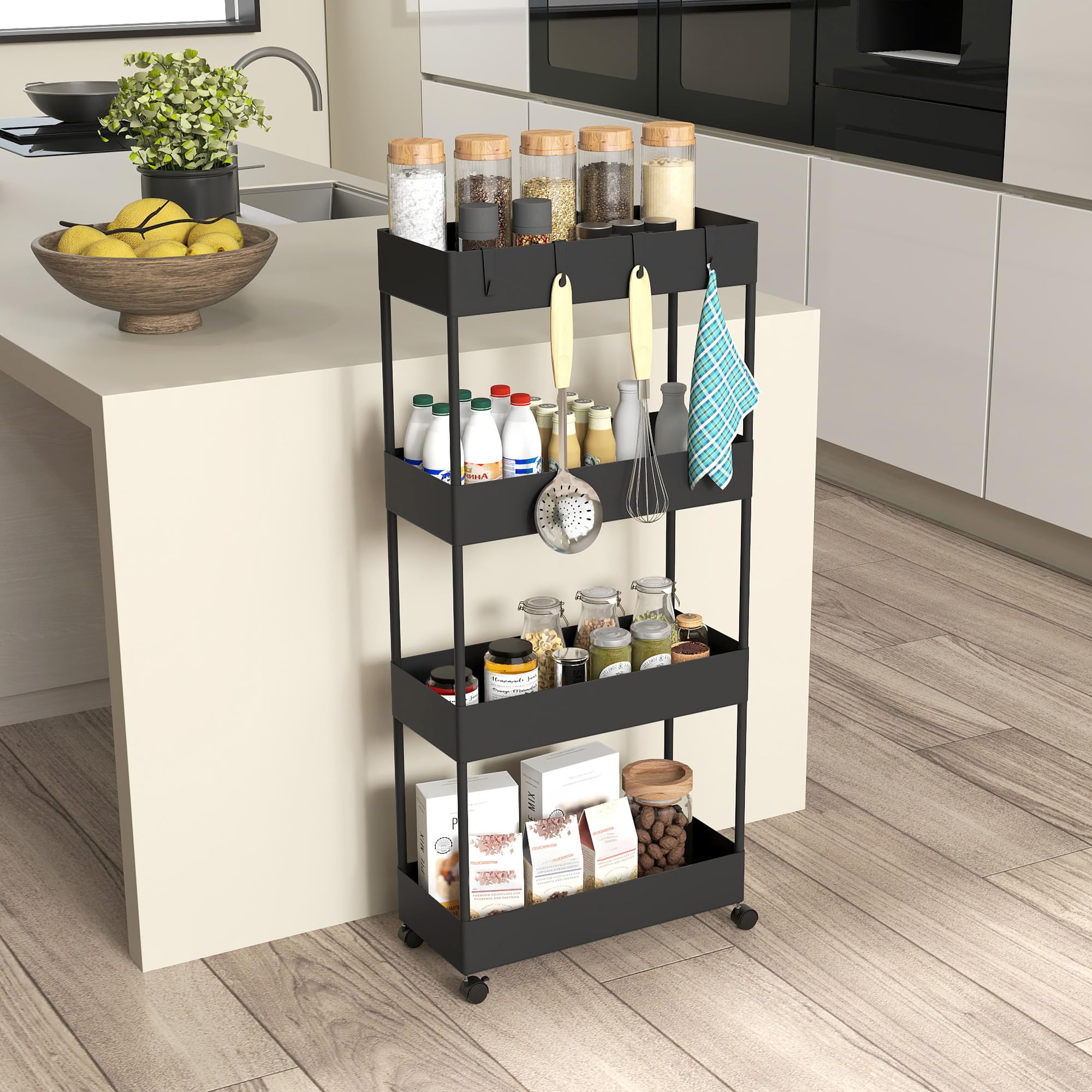 HOMCOM Carro de Cocina de Almacenamiento Delgado de 4 Niveles Carrito Auxiliar con Ruedas 4 Cestas y 4 Ganchos Extraíbles Carrito de Cocina para Comedor Baño Salón 40x19x90 cm Negro