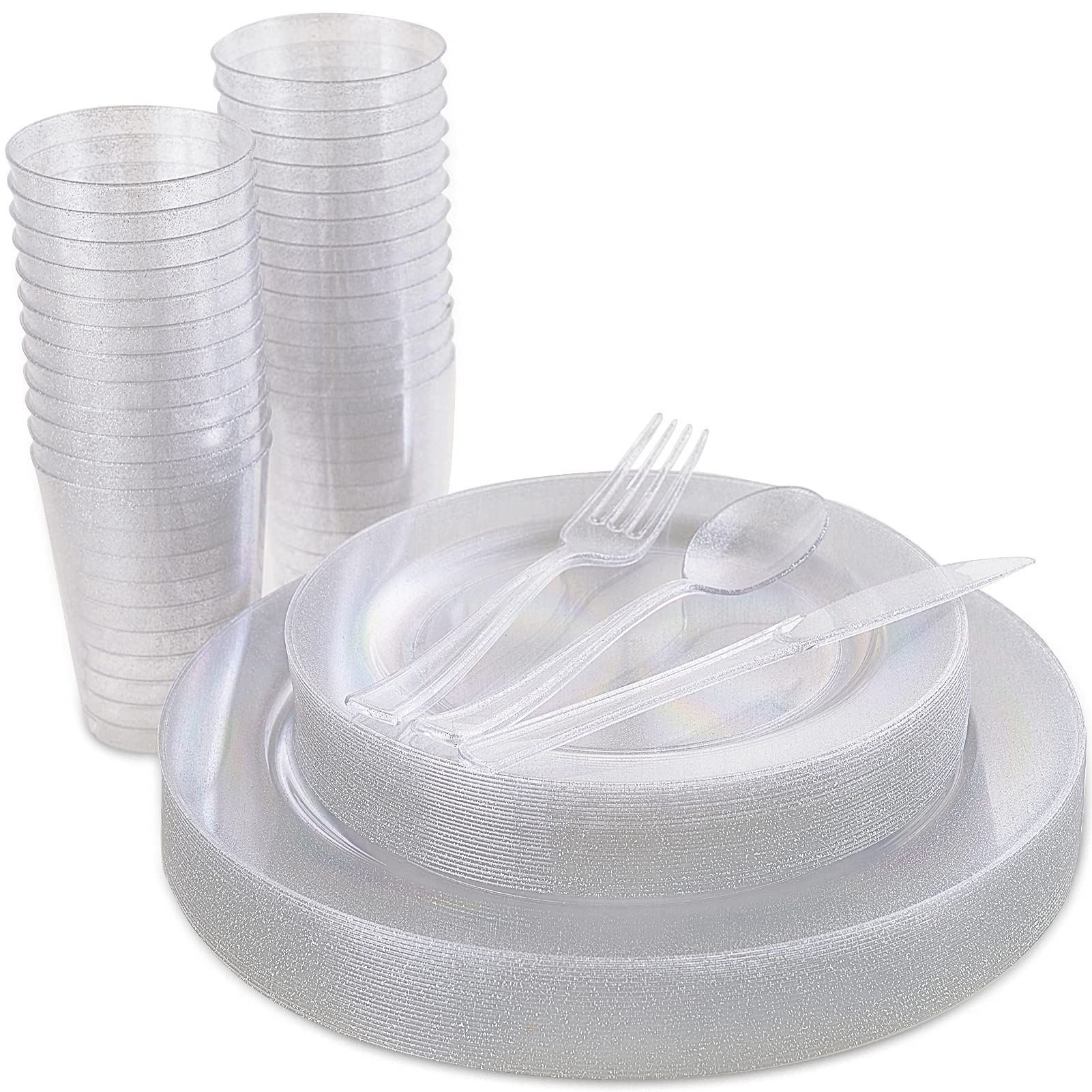 Photo 1 of 150pcs Silver Clear Plastic Plates with Disposable Plastic Silverware&Silver Cups- Silver Glitter Design includes 25 Dinner Plates,25 Salad Plates,25 Forks, Knives, Spoons& 10oz Plastic Cups( Silver? Sliver