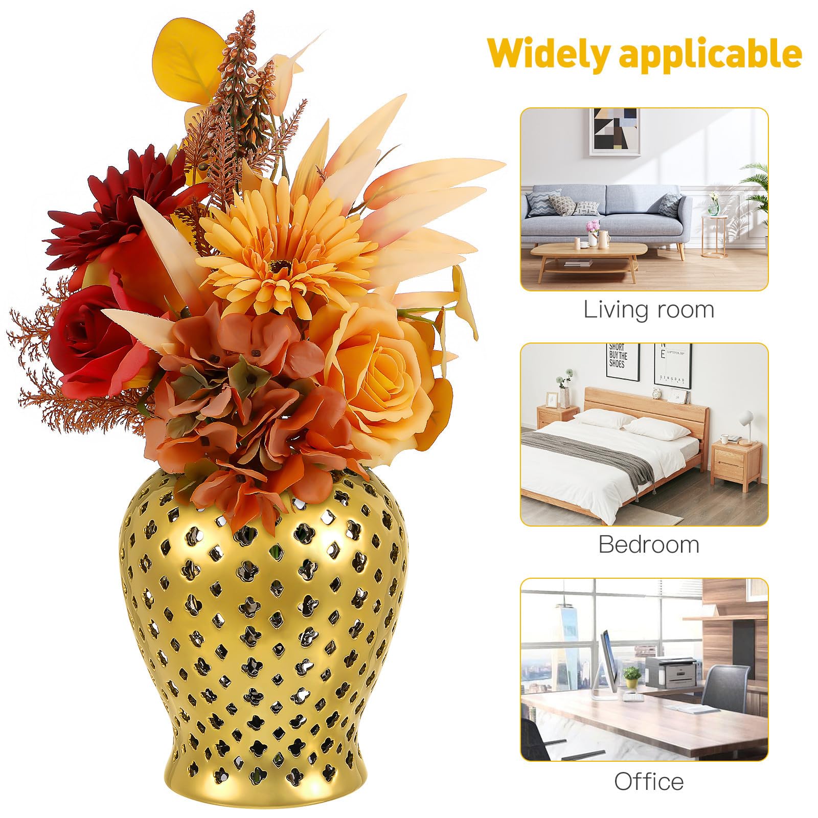 Vaso Decorativo in Ceramica Dorata, Leggero, per Fiori Secchi e Finti | Design Romantico e Unico, per Casa e Vetrina, Adatto a San Valentino, Nozze e Feste Invernali