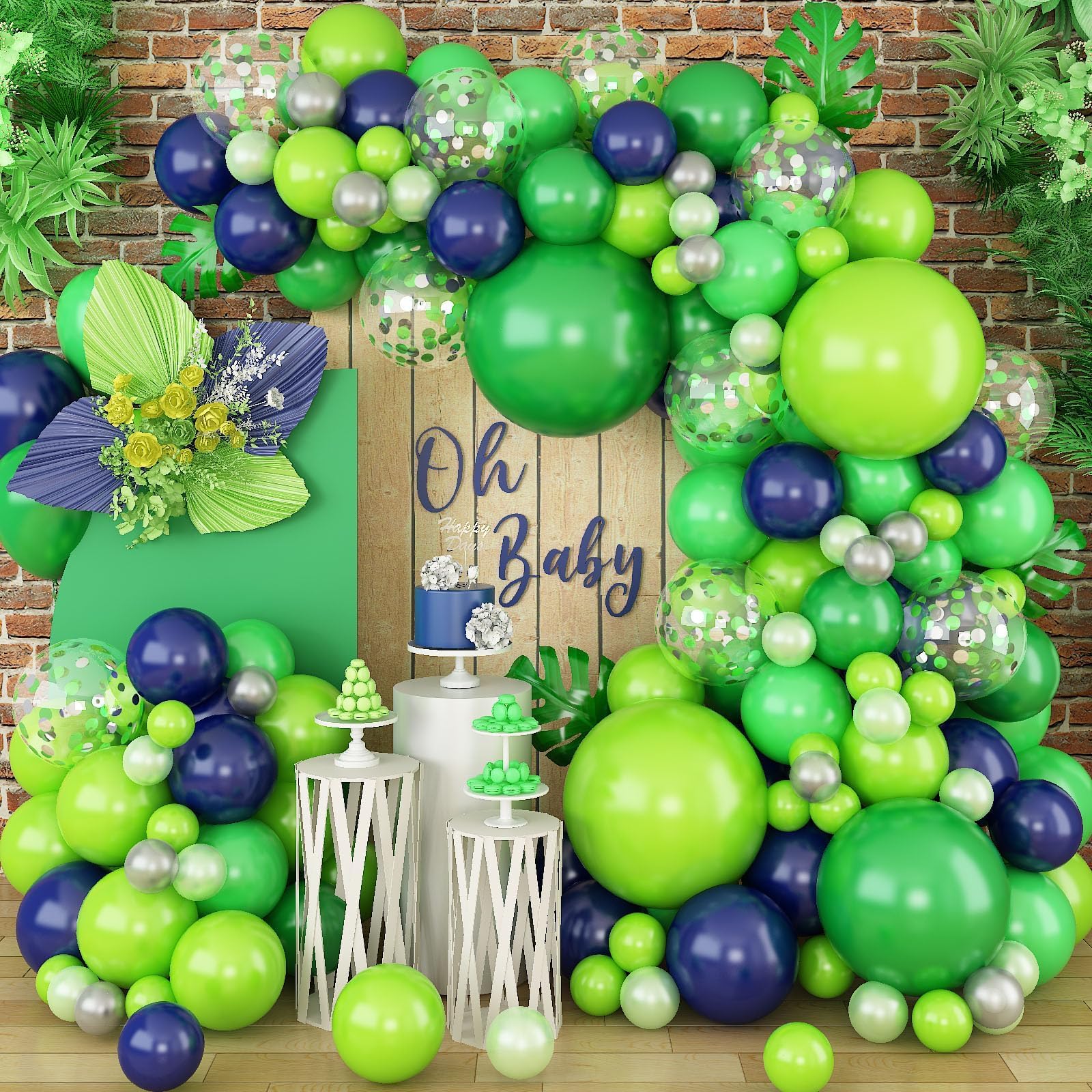 Blue and Green Balloon Garland Arch Kit, 100 PCS Lime Light Green Navy Blue Silver Confetti Latex Balloons Arch Kit for Boys Jungle Safari Dinosaur Birthday Football Game Party Decorations Supplies