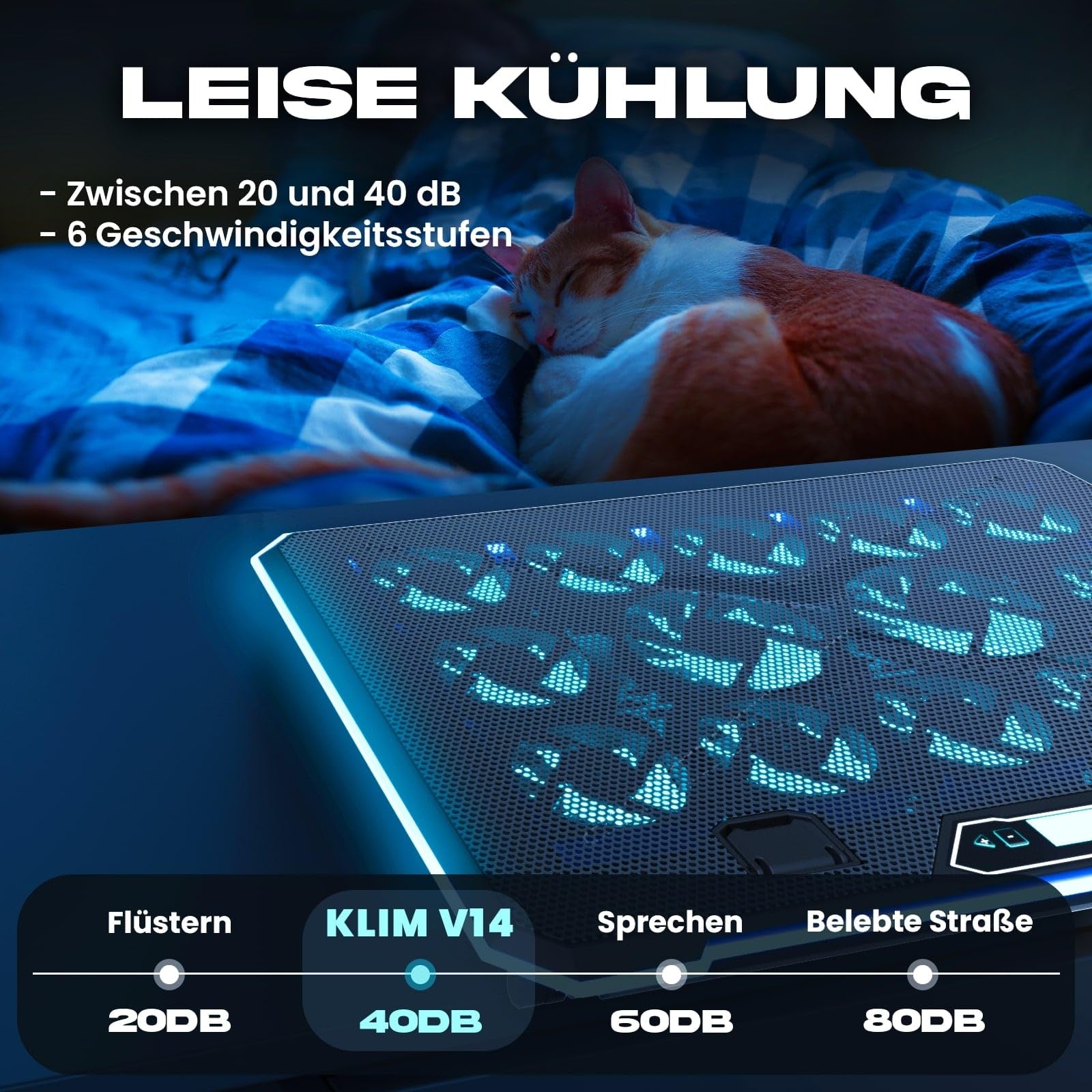 KLIM V14 Gaming Laptop Cooling Pad mit 14 Lüftern - Neu - Gaming Laptop Kühler - Stabiler RGB Notebook Ständer mit Lüfter - Kompatibel bis zu 17" - 2 USB Ports - Handyhalterung - 5 Jahre Schutz