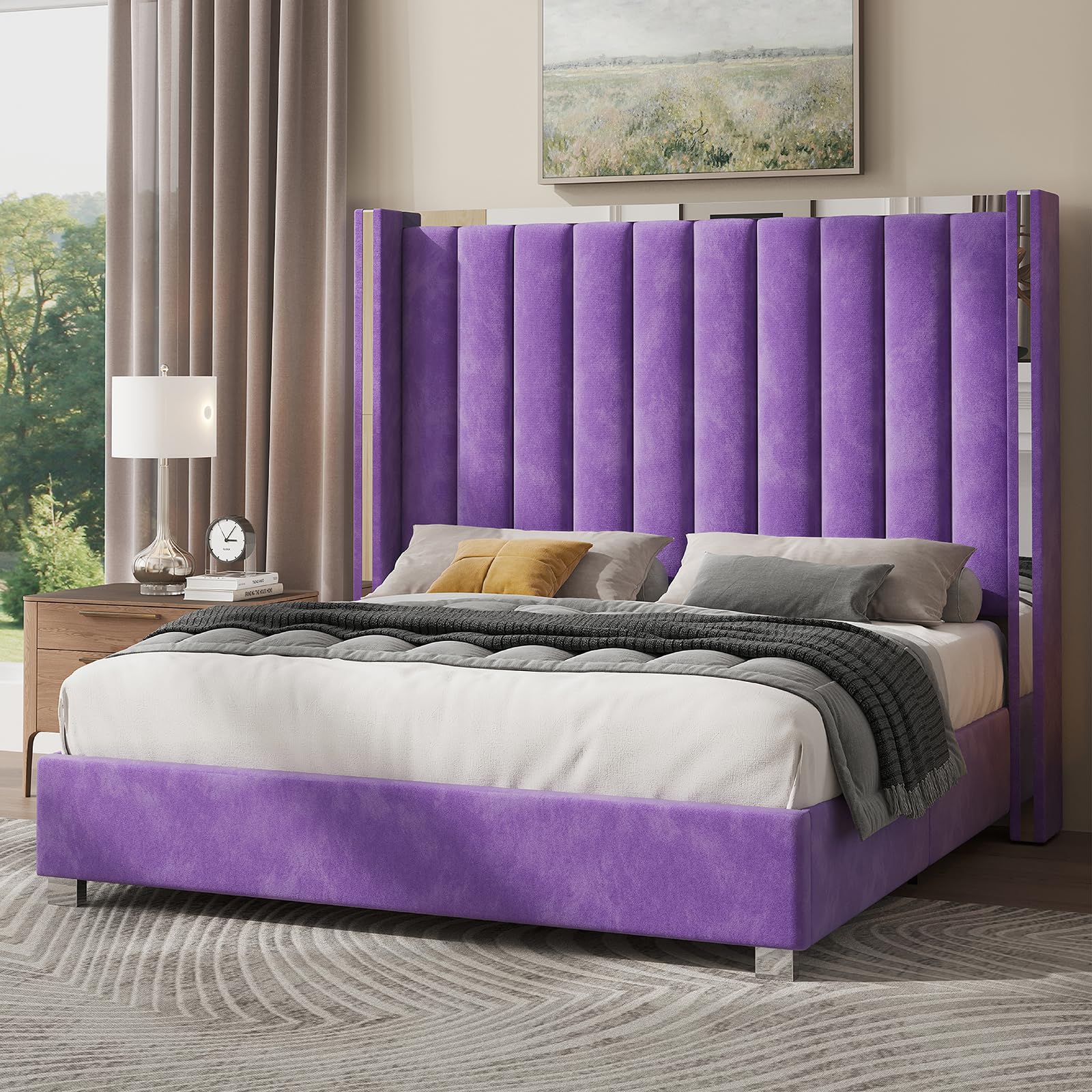 Jocisland King Size Bed Frame with 58" Tall Headboard, Velvet Upholstered Platform Bed with Channel Tufted Wingback Headboard and Plating Trim, No Box