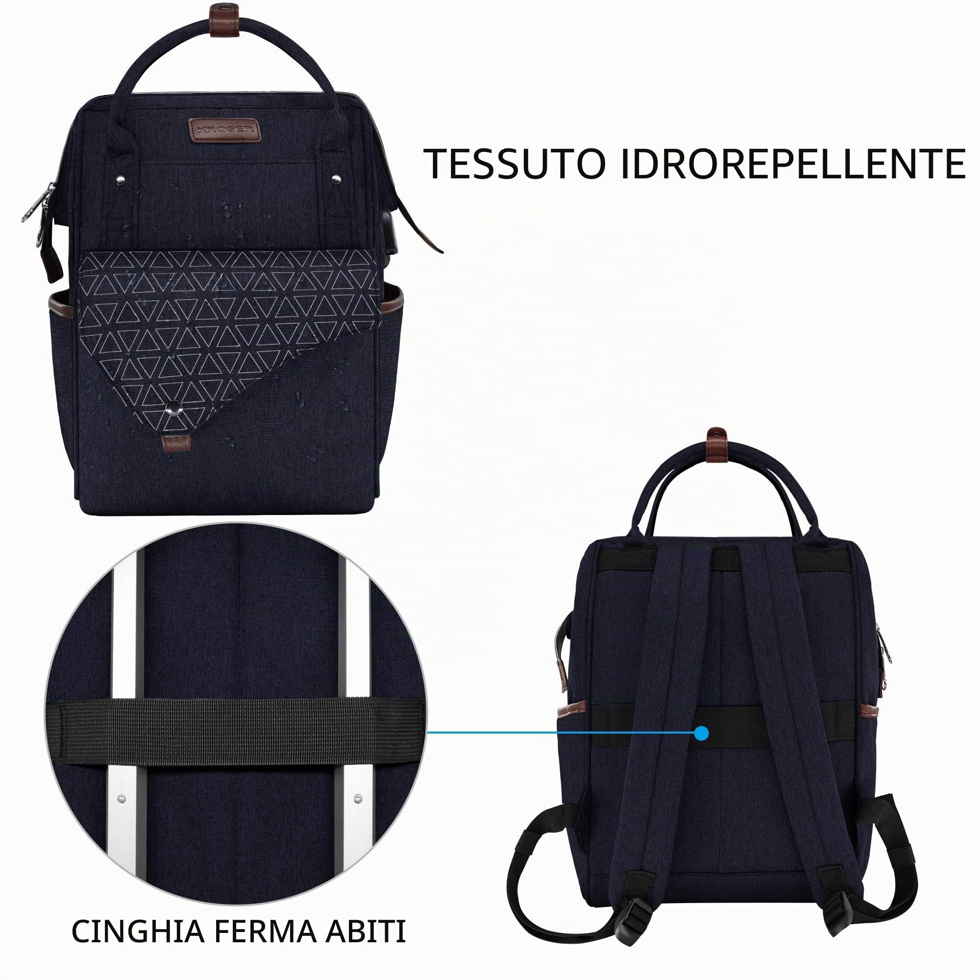 KROSER Zaino per computer portatile da 15,6 pollici, elegante, con porta | Zaino per computer portatile da 15,6 pollici impermeabile, per università borsa da lavoro per donne/uomini, blu scuro