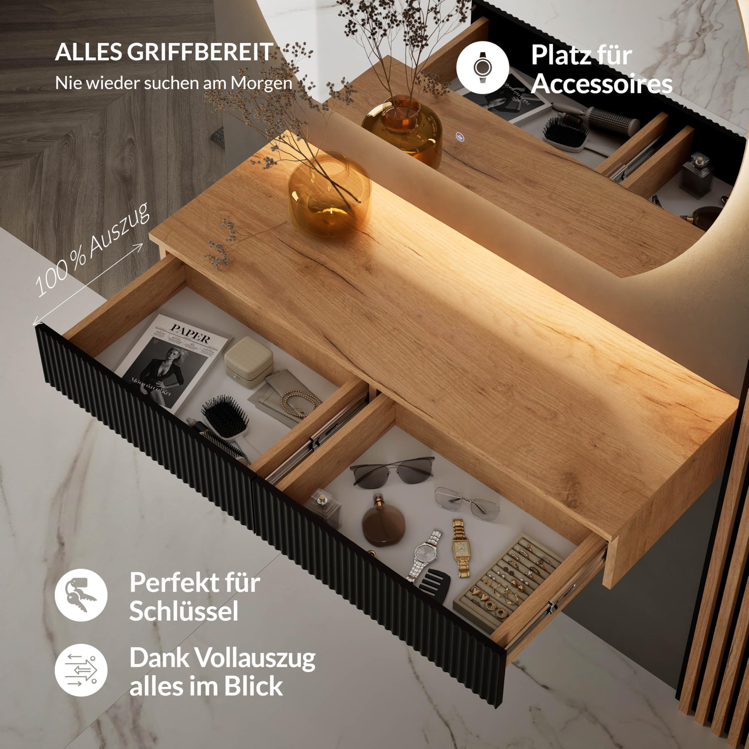 Planetmöbel Flur Garderobe Set Konsolentisch 100 cm mit Spiegel Beleuchtung halbrund Bogenspiegel Wand-Konsole Gold Eiche/schwarz