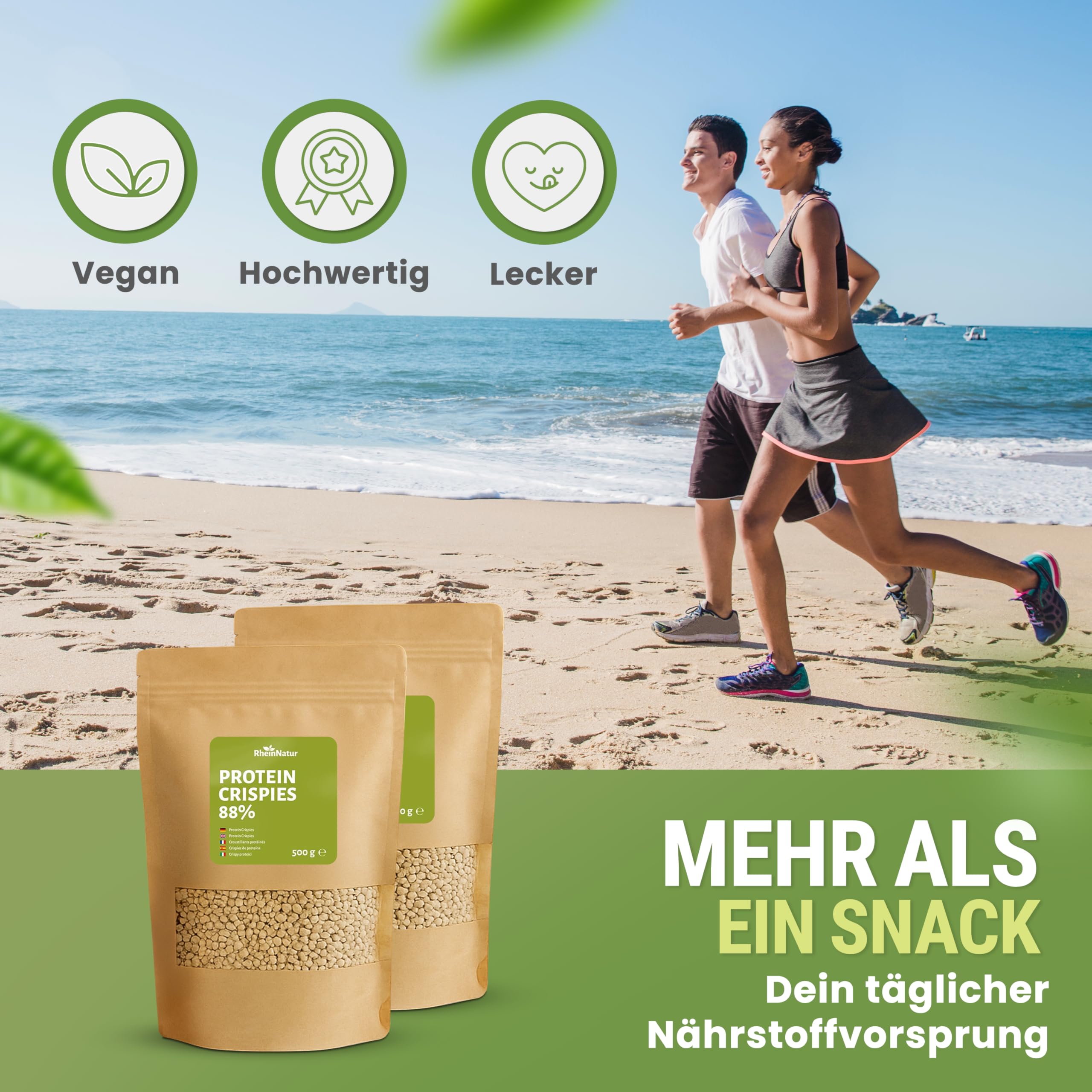 RheinNatur Crispies Proteína de soja, 88%, 500 g, fuente de proteína vegana sin azúcar añadida, cobertura crujiente para muesli, yogur y ensalada o como crujiente para platos y barras salados