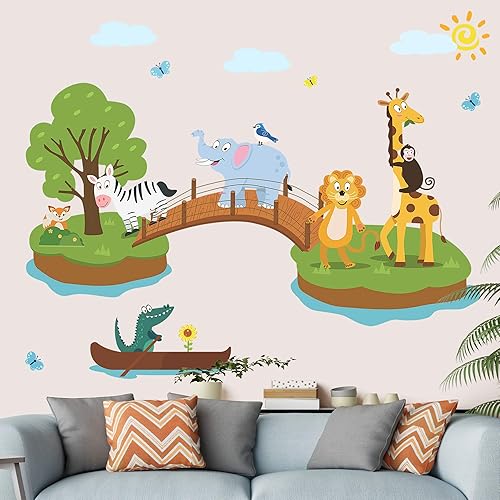 Miniatura 7 de Calcomanías 3D extraíbles de animales gigantes de la selva león, elefante, pájaro, zorro en el puente, calcomanías de pared de árbol, decoración