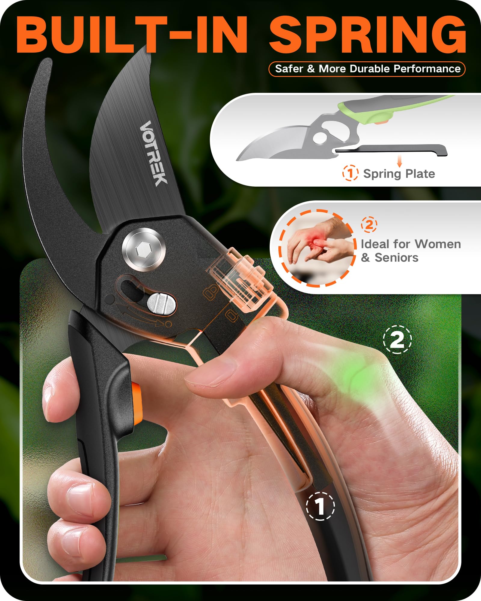 VOTREK Bypass Secateurs for Small Hands with Continuously Adjustable Grip - Image 7