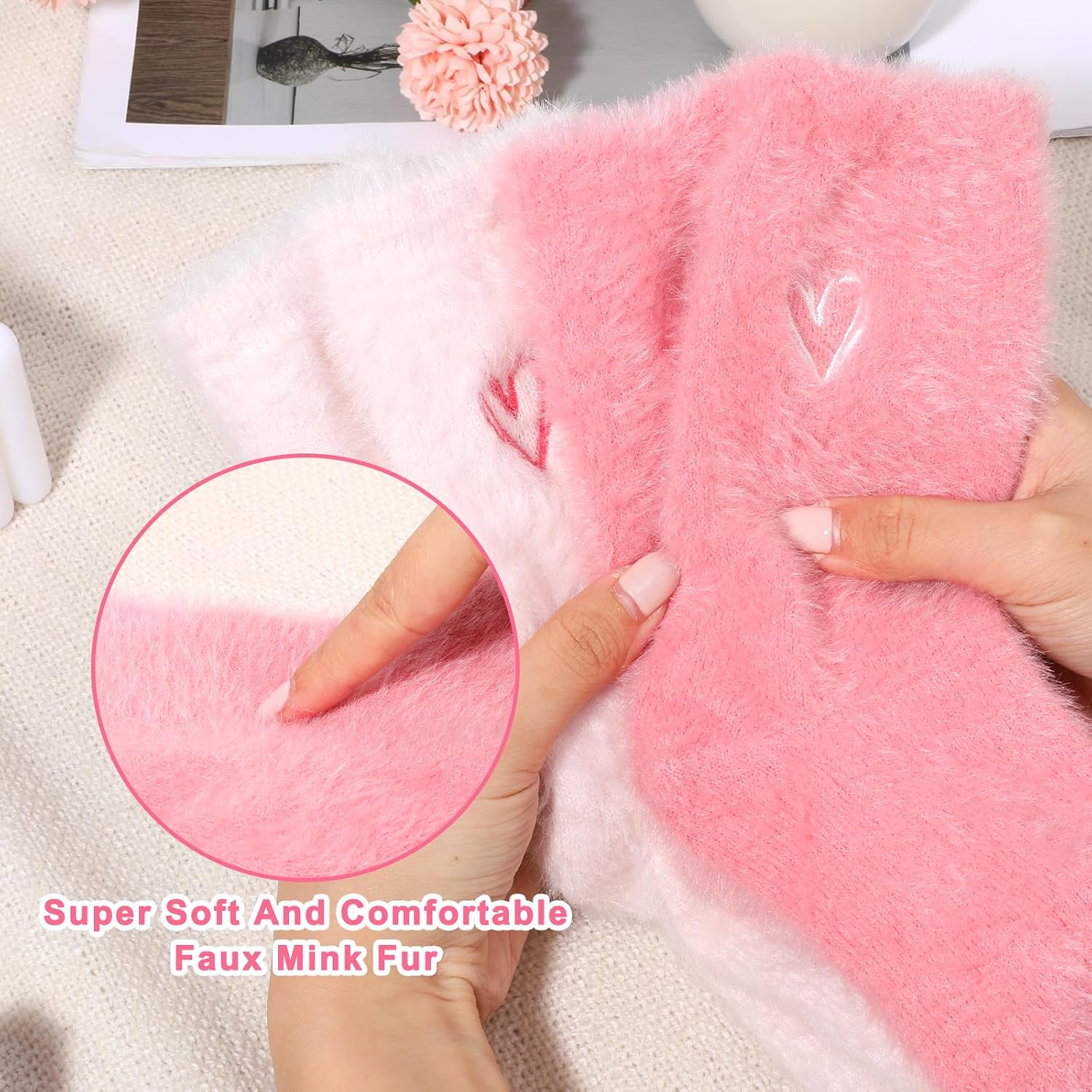 2 Pairs Super Soft Fuzzy Socks for Women, Winter Embroidered Heart Sleeping Socks