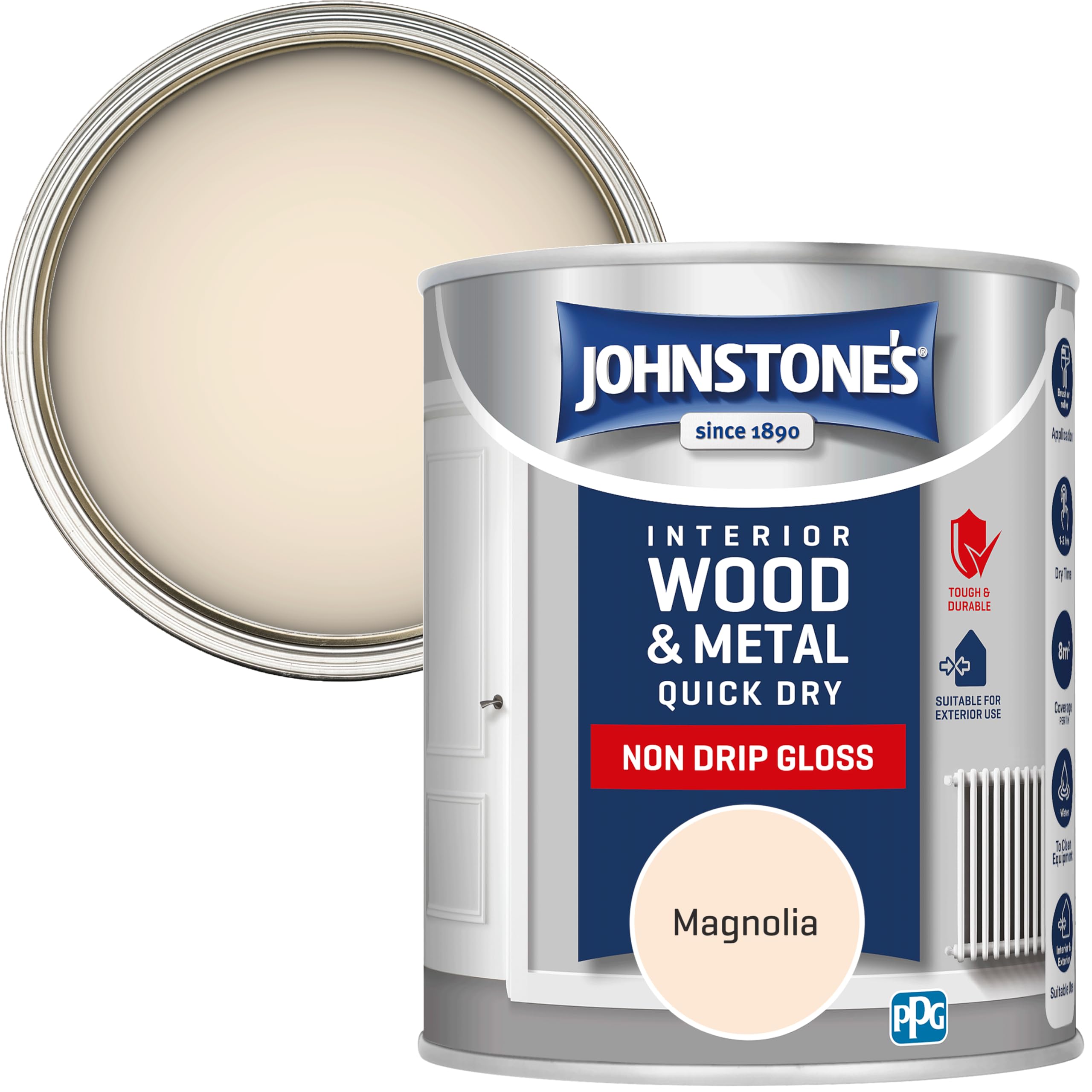 Johnstone’s - Quick Dry & Non Drip Gloss Paint for Wood & Metal - Magnolia | Interior & Exterior | Low Odour, Water-Based Formula, Dry in 1-2 Hours | 10m2 Coverage per Litre | 750ml