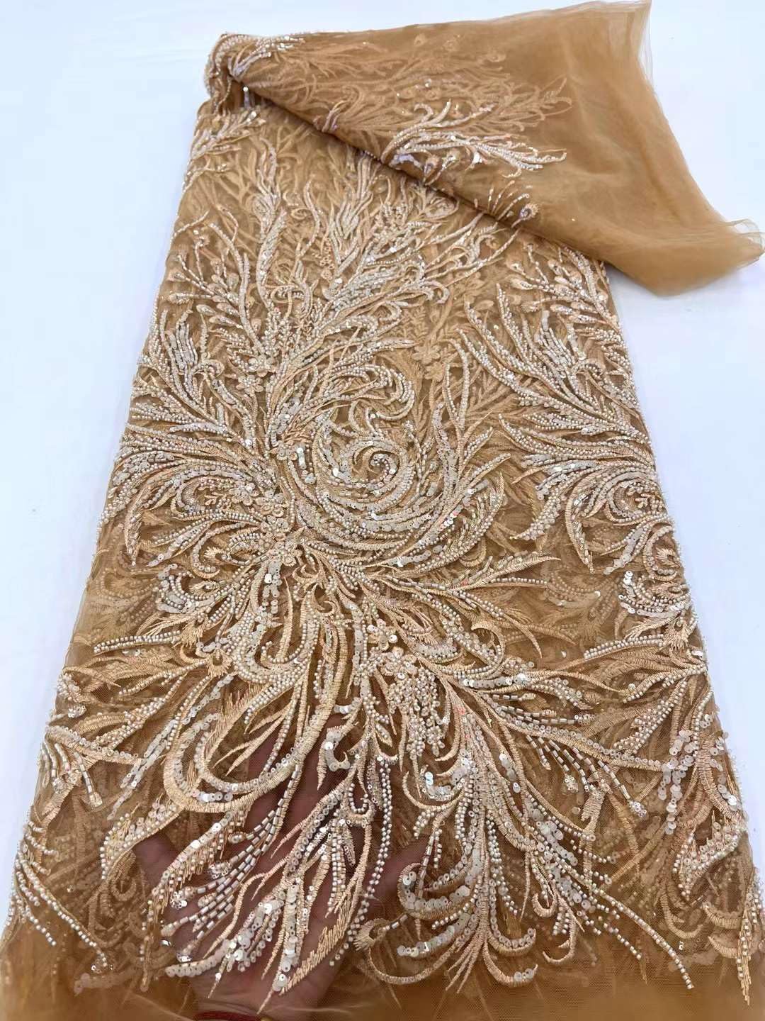 Exquisite French Sequins Beaded Tulle Lace Fabric for Luxury Party Dress Sewing (5 Yards,Champagne)