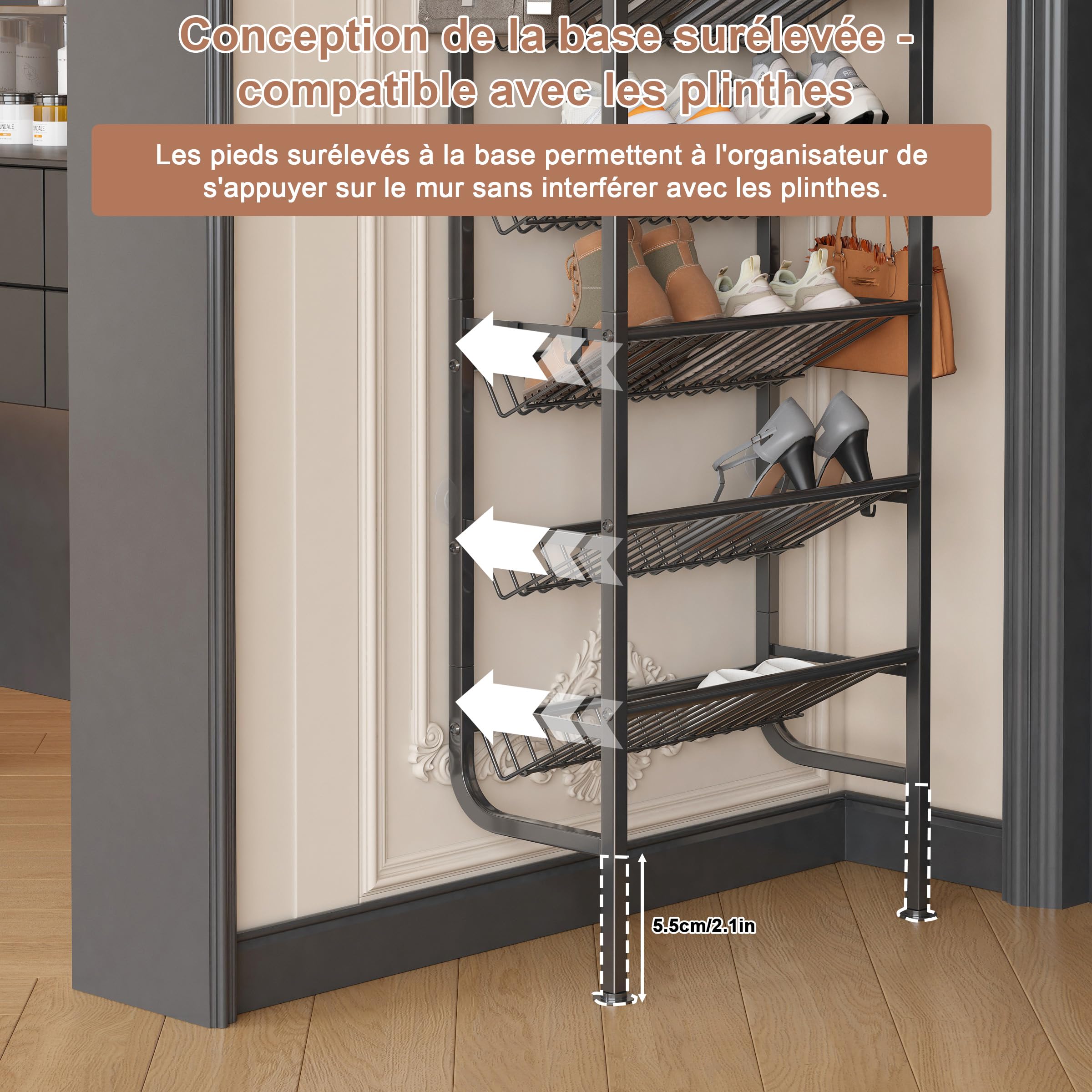 Étagère à Chaussures pour Porte, Noir, 45,4 x 20 x 175 cm | 9 Niveaux, Métallique, ModèLe Ouvert avec 12 Crochets - Garde-Manger, Couloir, Salon