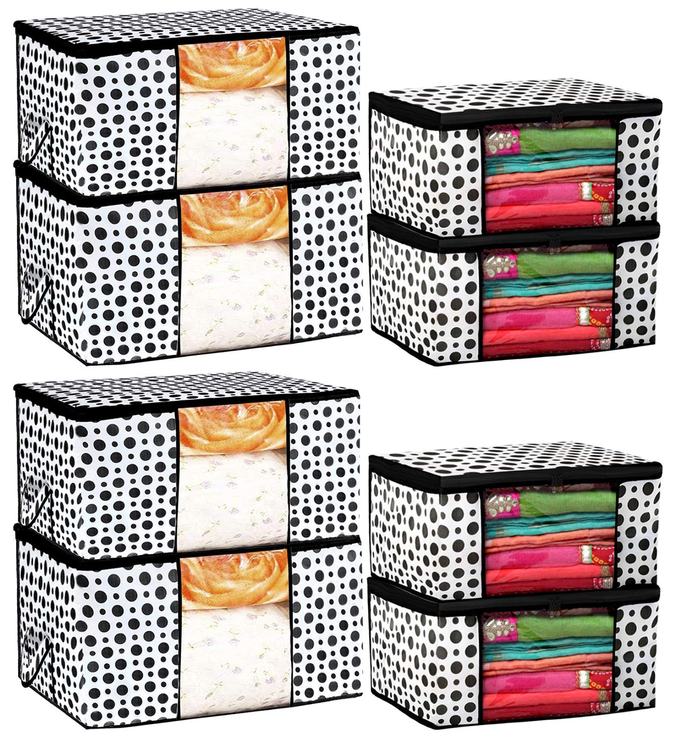 Kuber Industries Exclusive Polka Dots Design 4 Piece Non Woven Saree Cover and 4 Pieces Underbed Storage Bag, Storage Organiser, Blanket Cover (Black & White) (CTLTC038124)