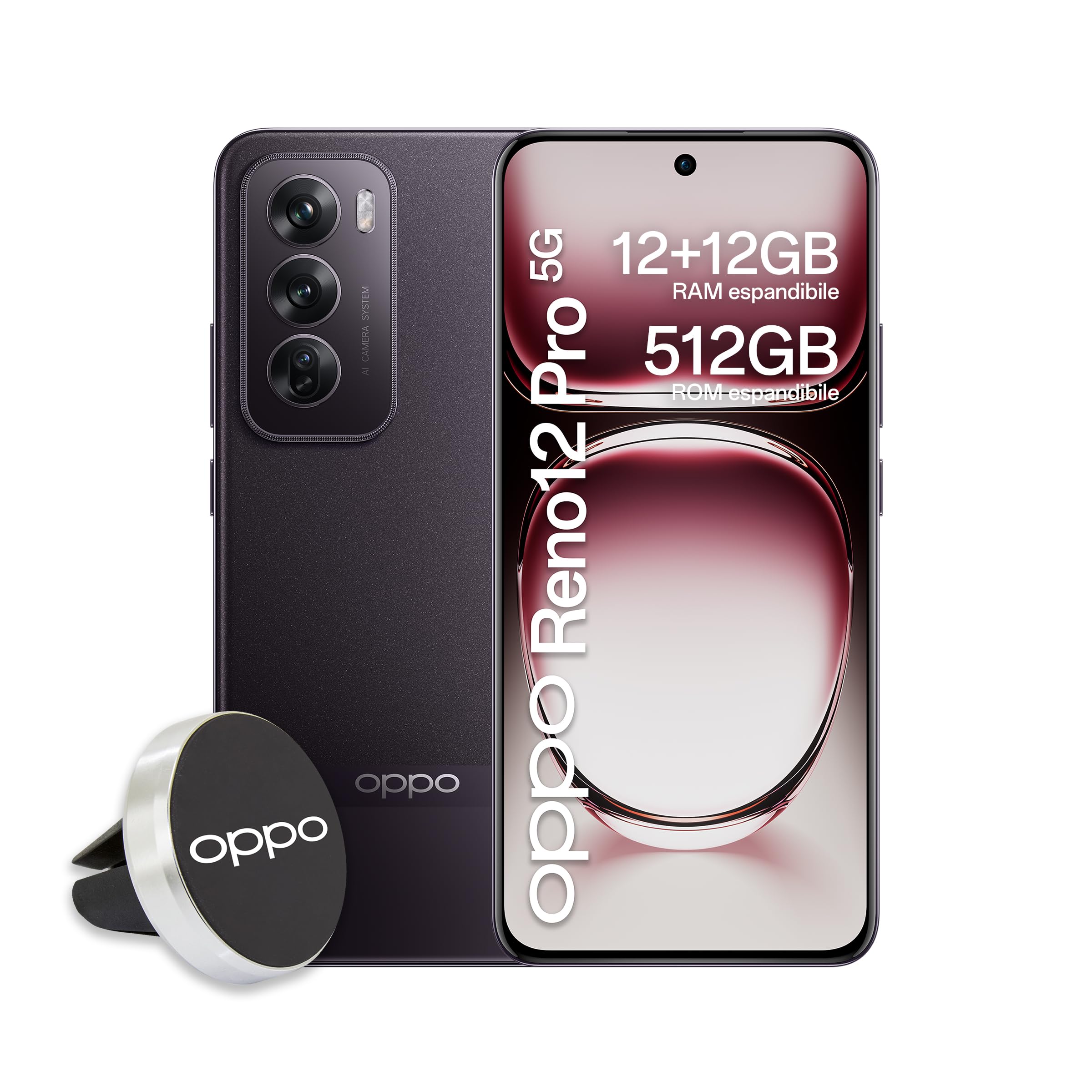 OPPO Reno12 Pro 5G AI Smartphone, Tripla fotocamera 50+50+8MP, Selfie 50MP, Display 6.7” 120HZ AMOLED FHD+, 5000mAh, RAM 24GB (12+12) +ROM 512GB, Supporto Auto, [Versione Italia], Nebula Black