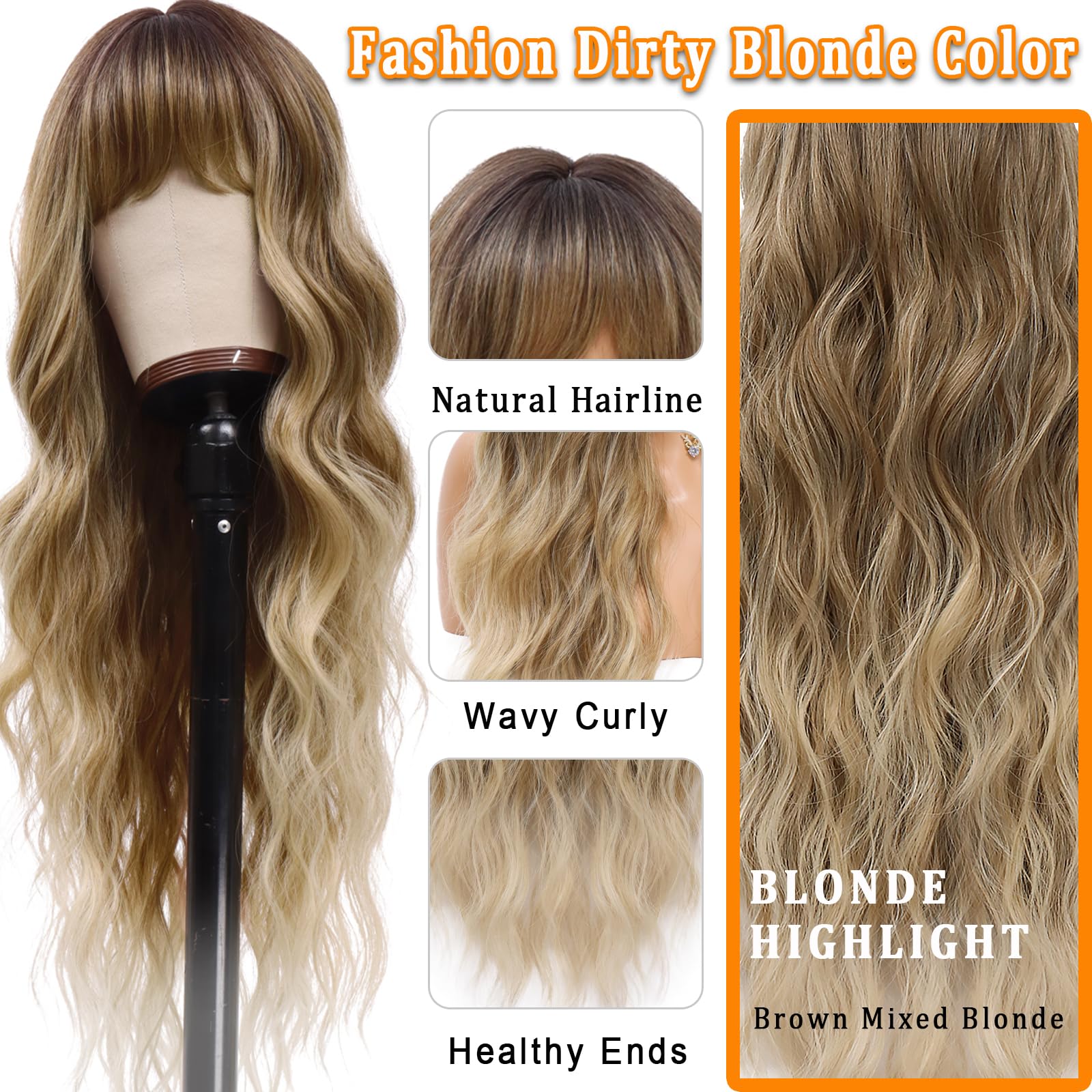 Vomella 26 Inch Long Wavy Synthetic Wig with Bangs