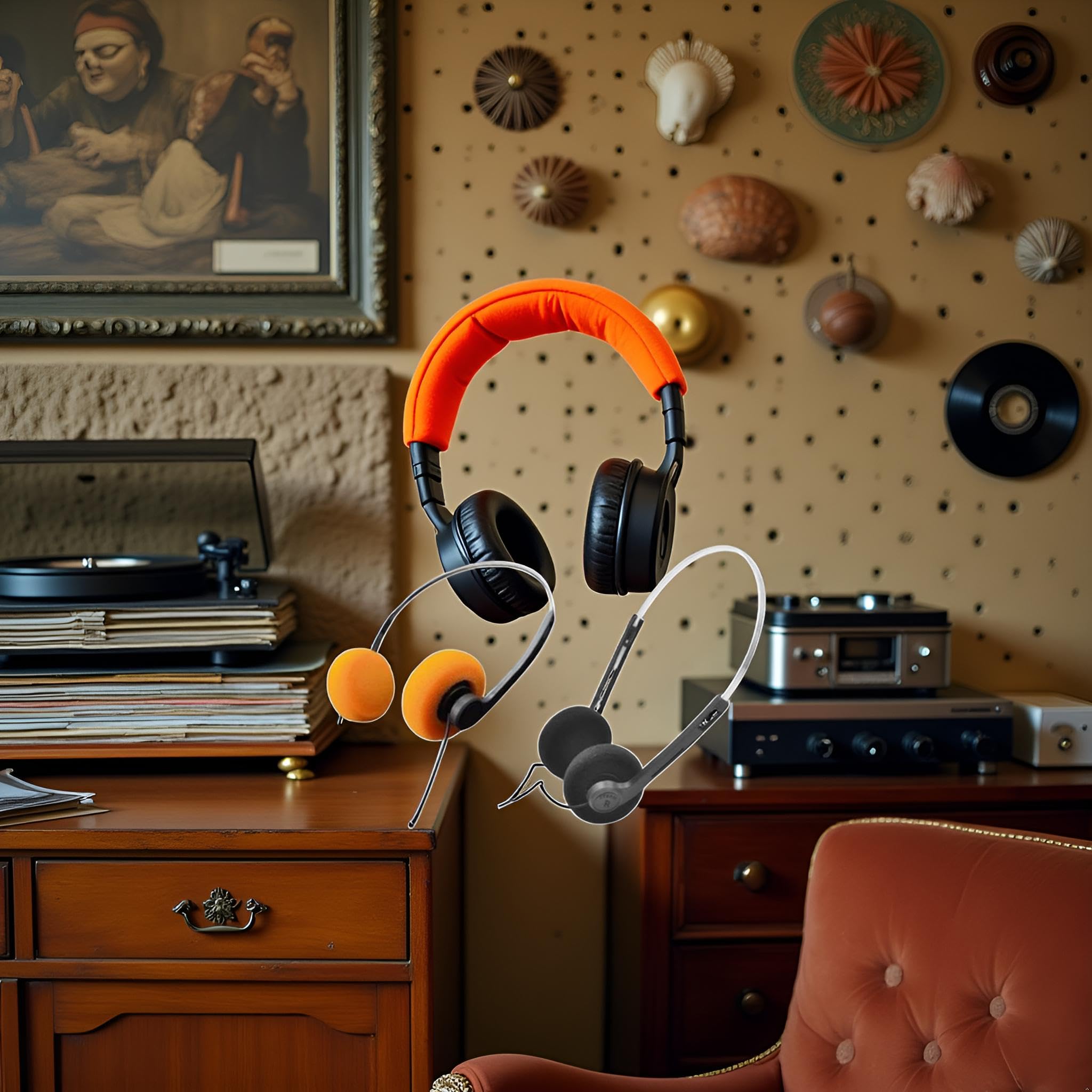 2 szt. retro słuchawki douszne, przewodowe słuchawki stereo, słuchawki, lekkie przenośne słuchawki z regulowaną opaską na głowę, magnetofonem, nauszne (pomarańczowe i czarne)