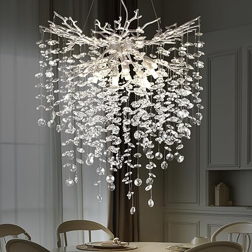Candelabro de cristal plateado, candelabro de rama de árbol de 24 pulgadas, modernos para comedor, sala de estar, cocina, dormitorio, vestíbulo,