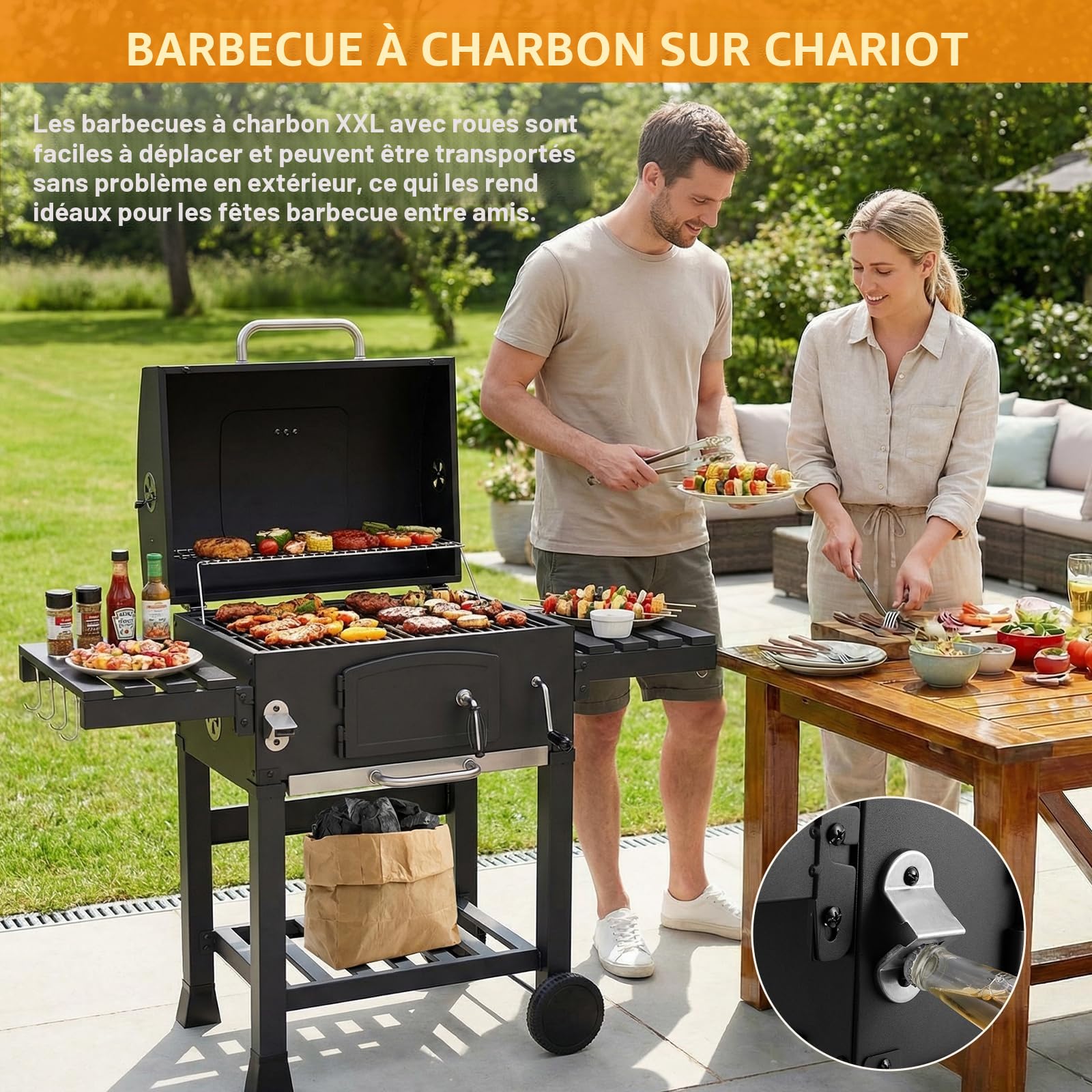 LIFERUN Barbecue Charbon XXL avec Couvercle, Grand Chariot Barbecue avec Housse étanche, Thermomètre, Roues, Cendrier Extractible, Gril Réglable en Hauteur, Fumoir BBQ, Smoker pour Camping et Jardin