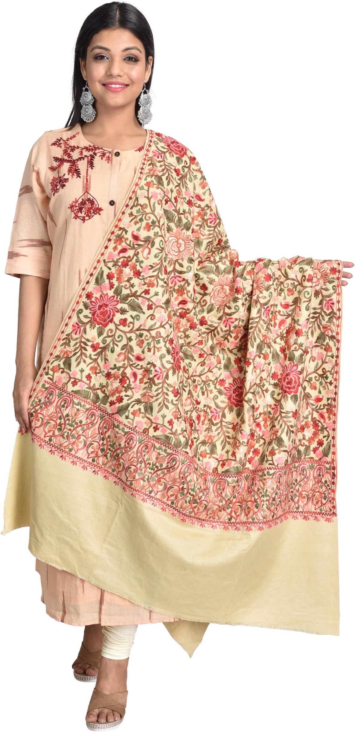 SWI WITH LABEL Women’s Kashmiri Fine Acrylic Shawl Wrap | Aari Embroidered Shawl for Women Inspired by Kashmiri Hand Embroidery | Free Size Winter Warm Stole & Gift Wrap
