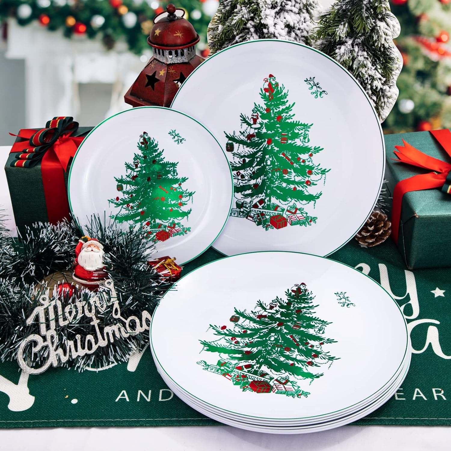 Rubtlamp 60PCS Christmas Plastic Plates, White Disposable Plates with Green christmas Tree, Fancy christmas Party Plastic Plate Include 30 Dinner Platos, 30 Dessert Platos for Parties