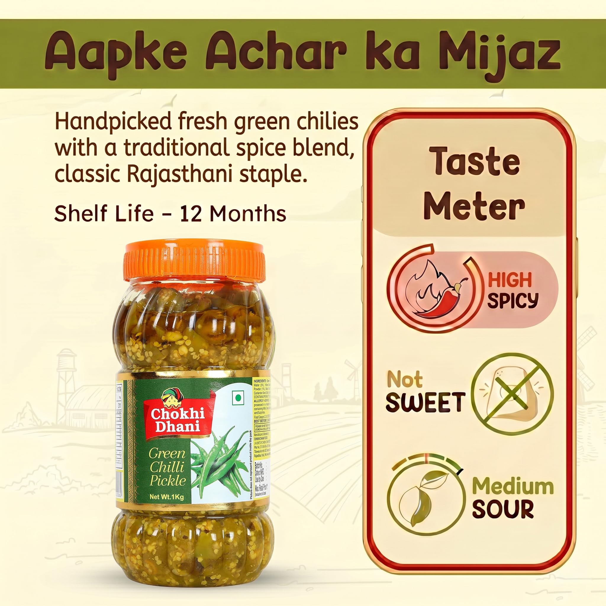 Chokhi Dhani Green Chilli Pickle 1kg | Hari Mirch Achar | Spicy & Tangy Rajasthani Style | Traditional Handmade Indian Pickle | Veg 1