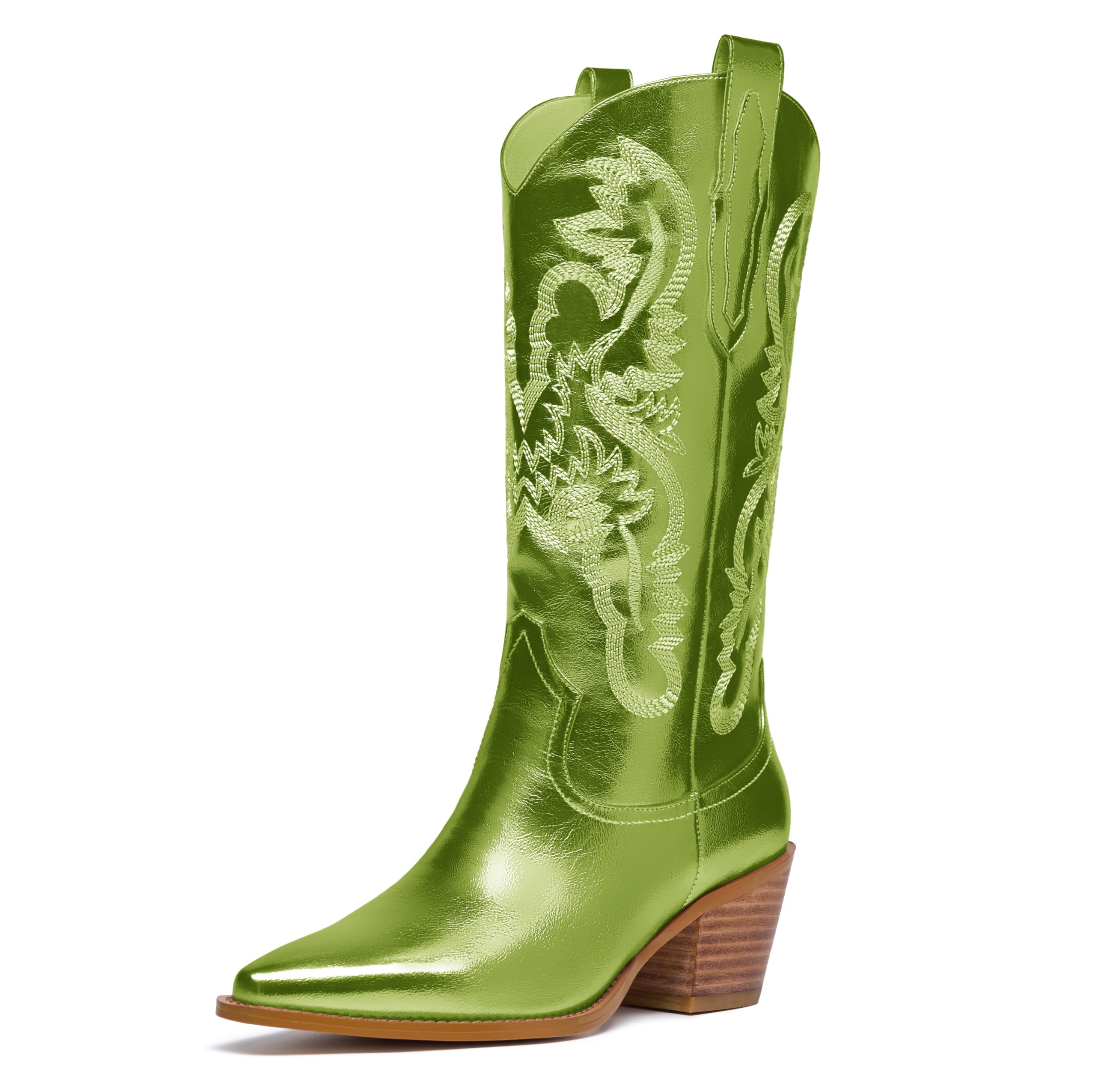 driceic Glitter Wide Calf Metallic Embroidered Cowboy Boots For Women Sparkly Mid Calf Chunky Heel Pull on Pointy Toe Western Cowgirl Boots Fashion