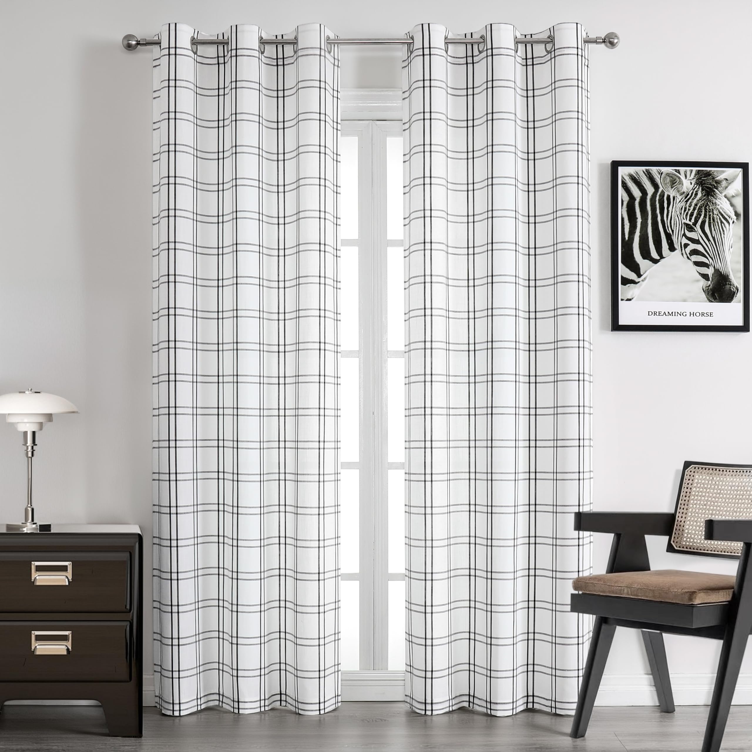 Bapawfish 90 Inch Black White Buffalo Plaid Semi Sheer Curtains