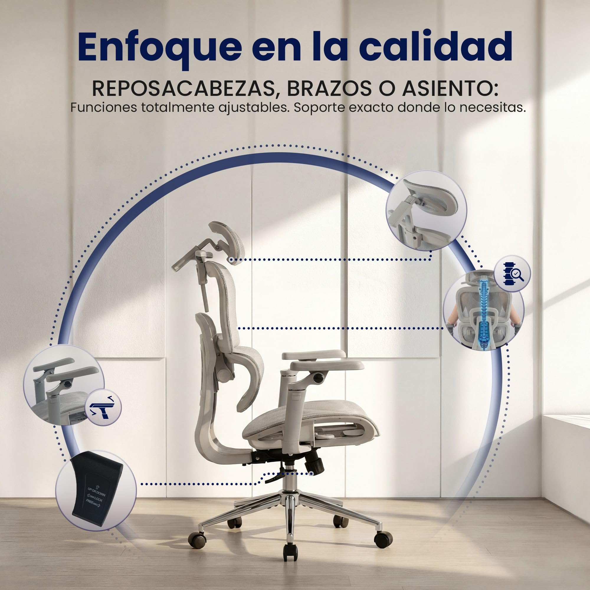 CLP Silla Oficina Ergonómica Jenson con Reposacabezas, Silla Escritorio Altura Regulable, Respaldo Reclinable 135o, Soporte Lumbar Color:Gris