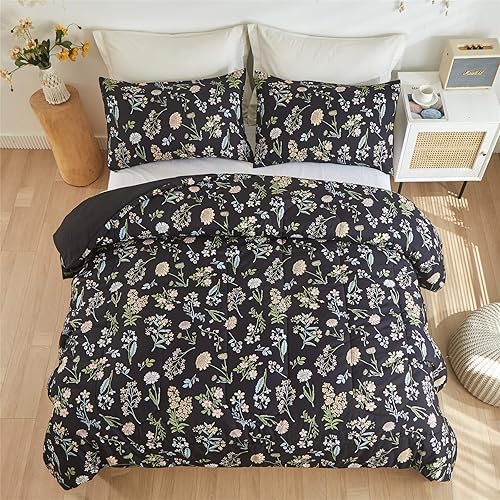 Miniatura 4 de Juego de edredón floral tamaño King, edredón negro estampado de hojas botánicas amarillas y verdes para niños, adolescentes y mujeres, juego de ropa