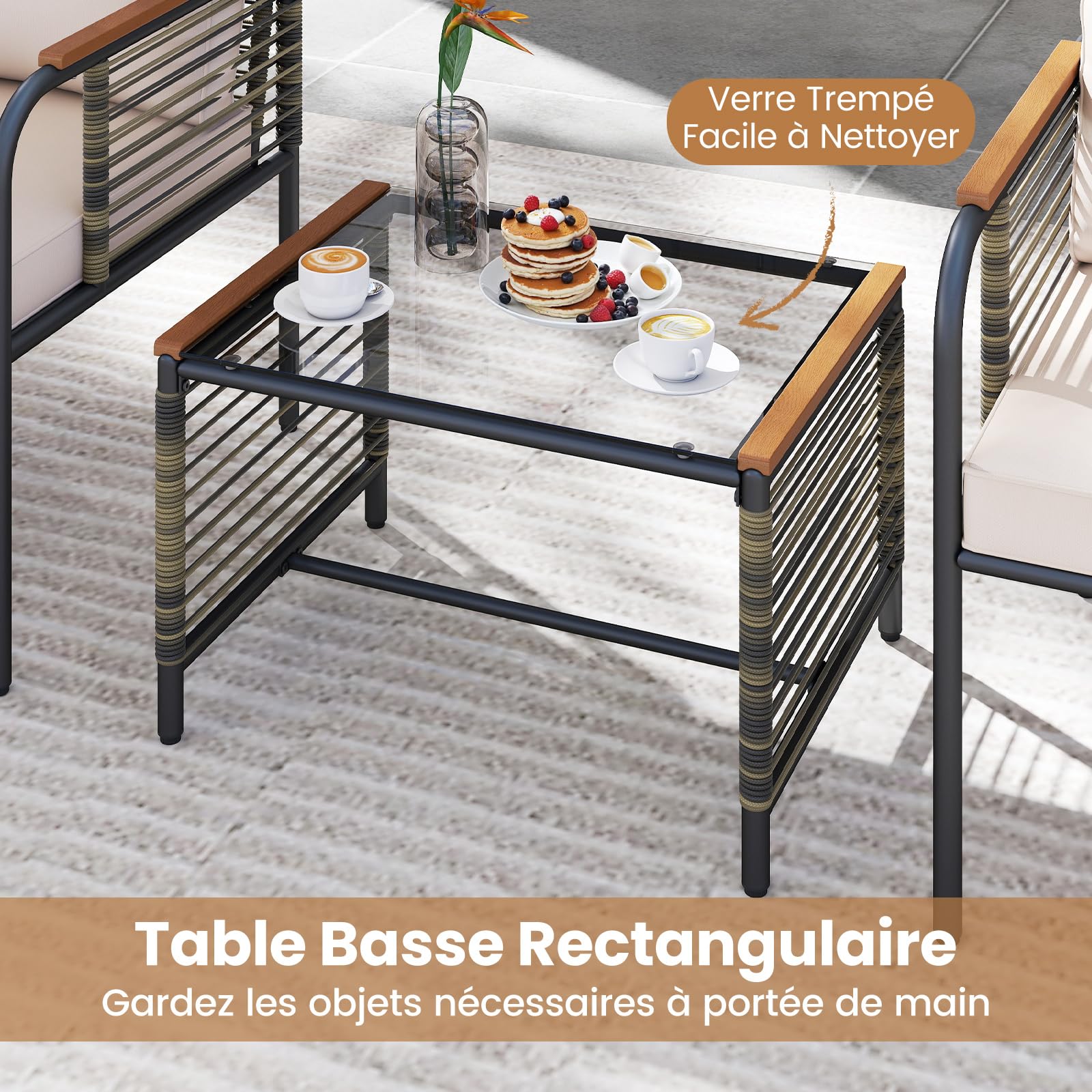 COSTWAY Ensemble de Mobilier de Jardin 5 Pièces, Salon de Jardin en Rotin PE avec Coussins 2 Ottomanes Table Basse en Verre Trempé, Meuble Extérieur pour Patio Cour Terrasse (Marron+Beige)