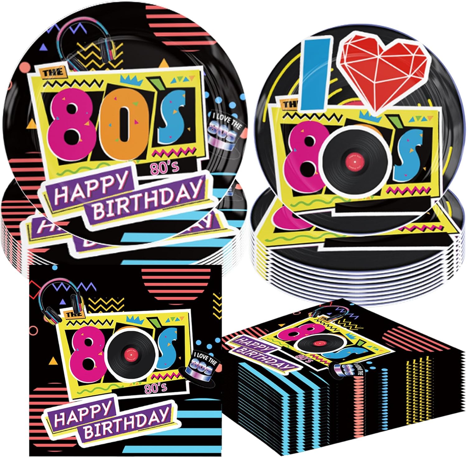 60pcs Back to 80s Party Plates I Love 80's Disco Rock Party Plates Napkins Retor 80s Themed Birthday Paper Plates Supplies for Guests Dinner Decorations