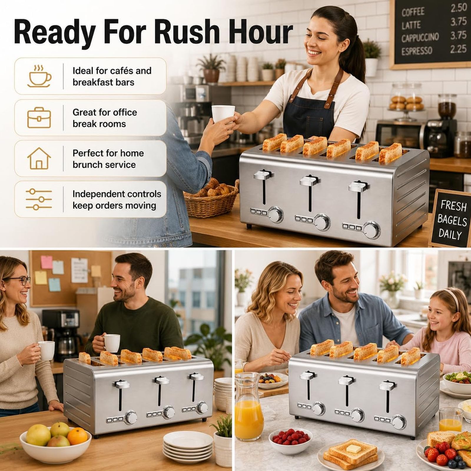 Tostadora commerciale a 4/6 slot, tostapane automatico pop-up con 7 ° impostazioni di abbronamento, annullare/scongelare/avvio a un tasto, vassoio di briciola rimovibile, per muffin, vass 4slices