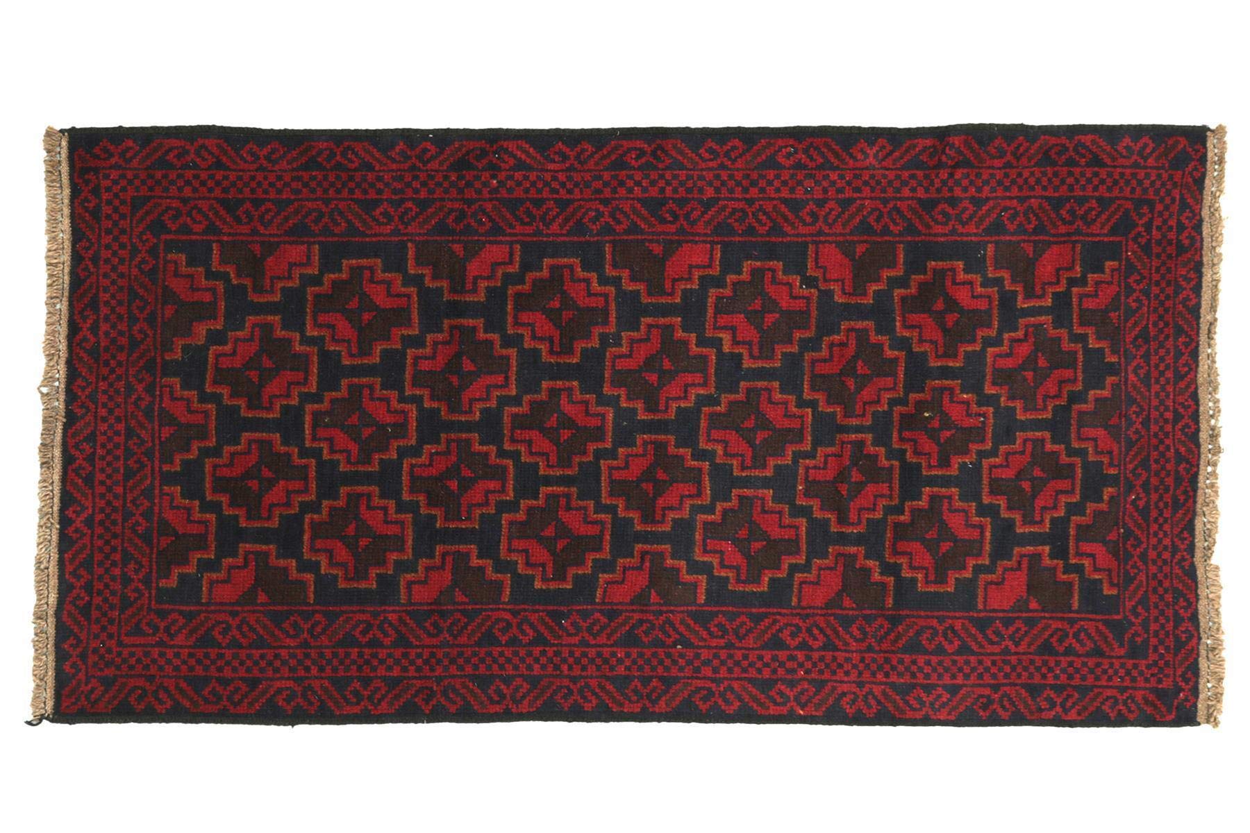 Tapis afghan rouge noué main 80x130 tapis laine fin salon couloir entrée