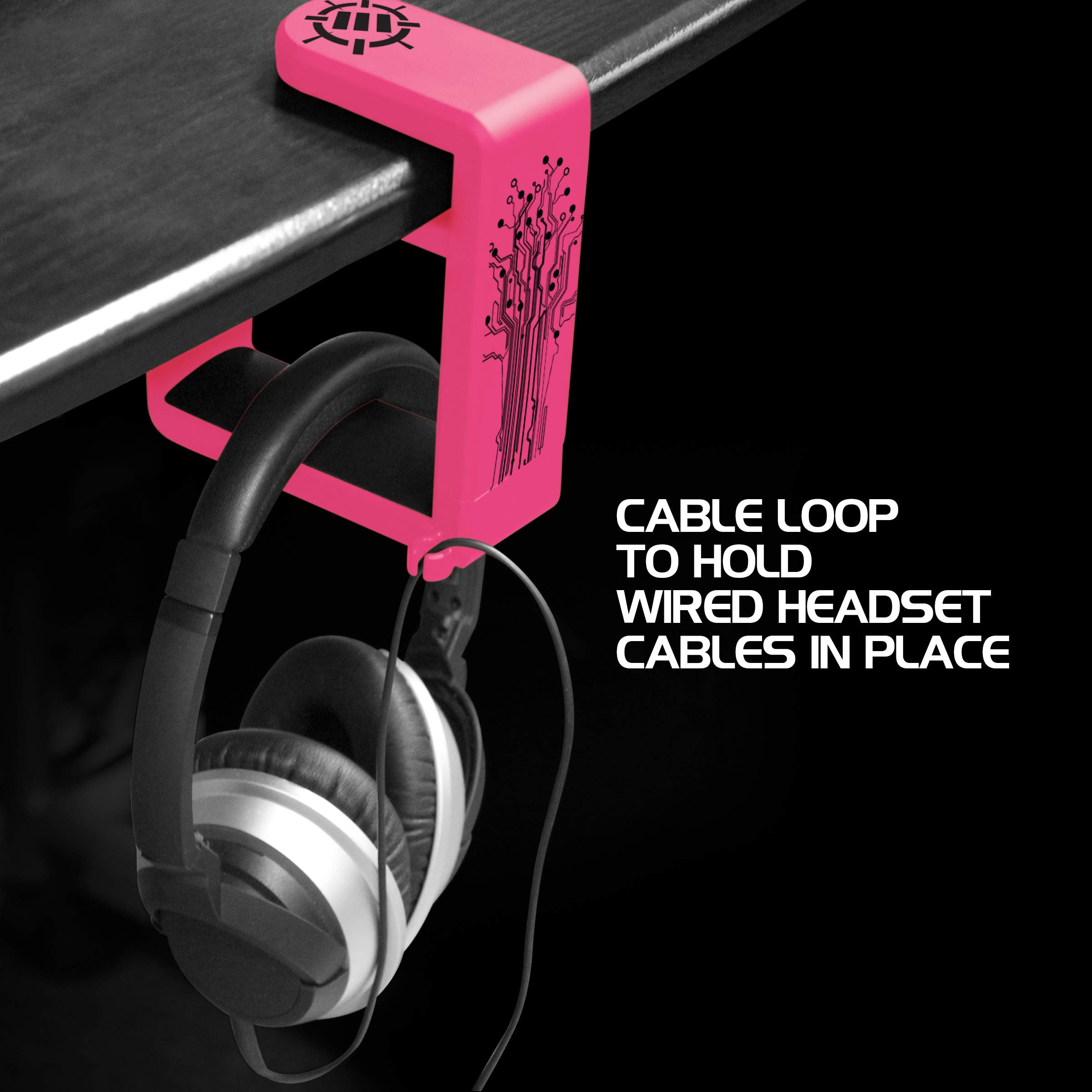 ENHANCE Supporto per Cuffie Gaming - Supporto Cuffie da Tavolo con Braccio Rotante Regolabile 360, Morsetto per Scrivania sul Design, Misura Universale e Organizer per Clip per Cavo Integrato - Rosa
