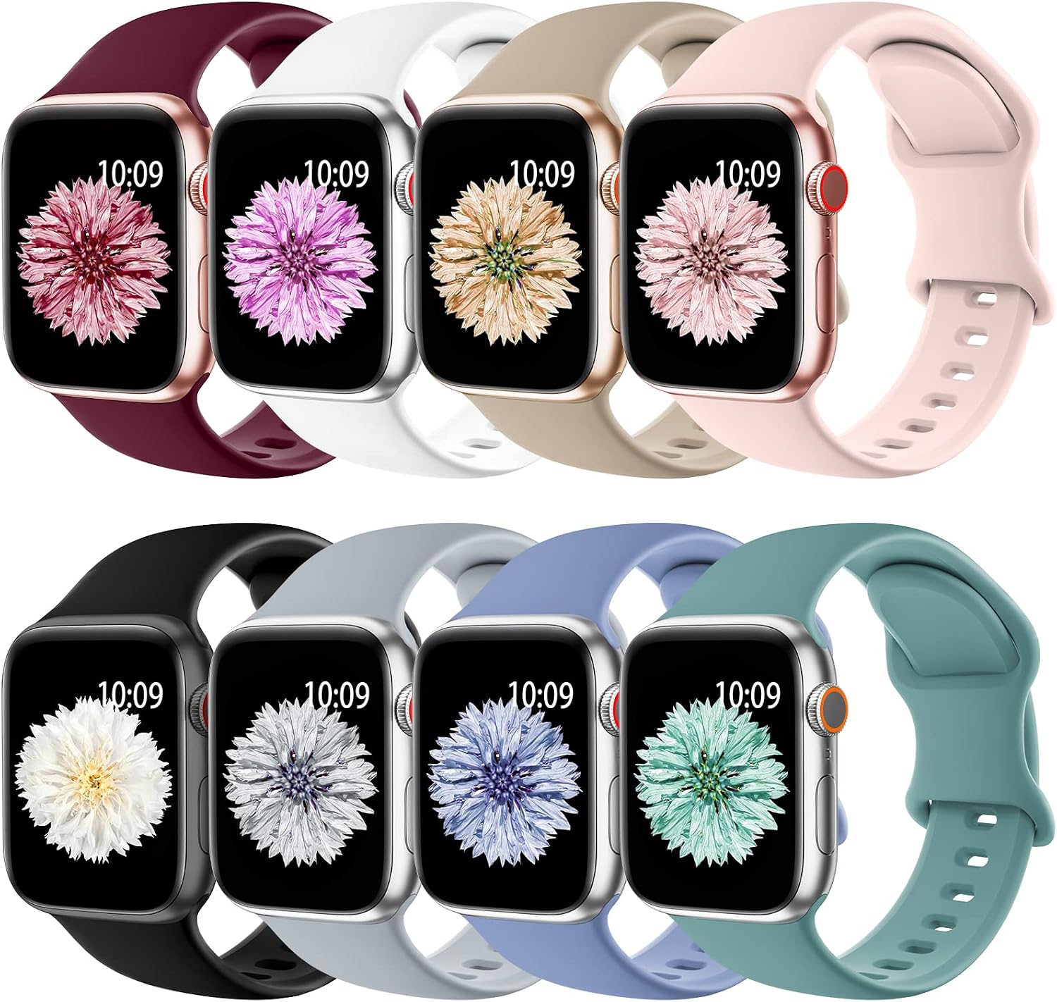 [8 Pack] Sport Band Compatible with Apple Watch Bands 38mm 40mm 41mm 42mm 44mm 45mm Women Men,Soft Silicone Waterproof Replacement Strap Wristband for iWatch Series 8 7 SE 6 5 4 3 2 1