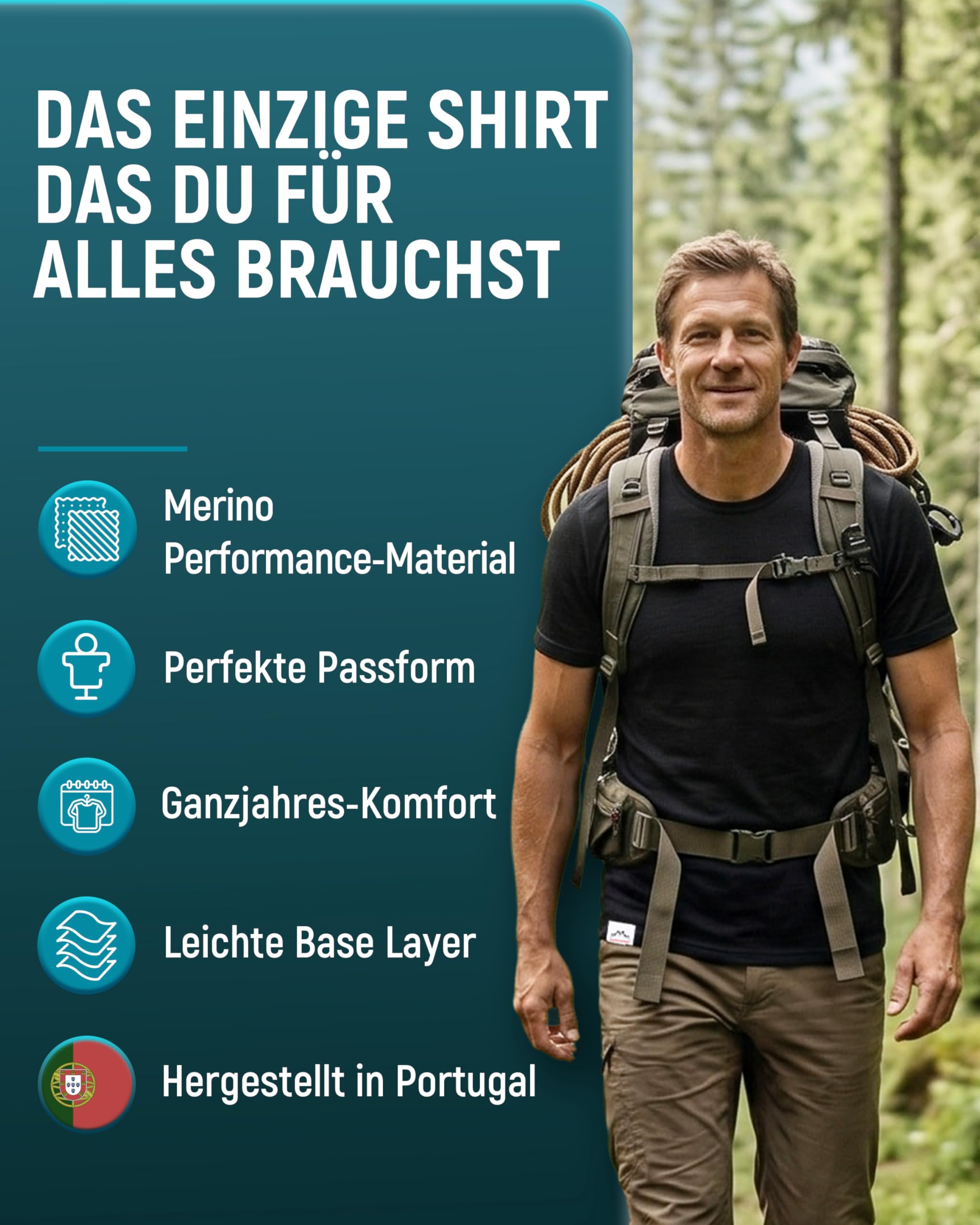 Alpenwert® Merino Shirt Herren [Made IN Portugal] perfektes Wandershirt Wander Tshirt aus Merinowolle Tshirt für Sport, Outdoor, Funktionsshirt (DE/NL/SE/PL - S/M/L/XL - Grün/Grau/Navy Blau/Schwarz)