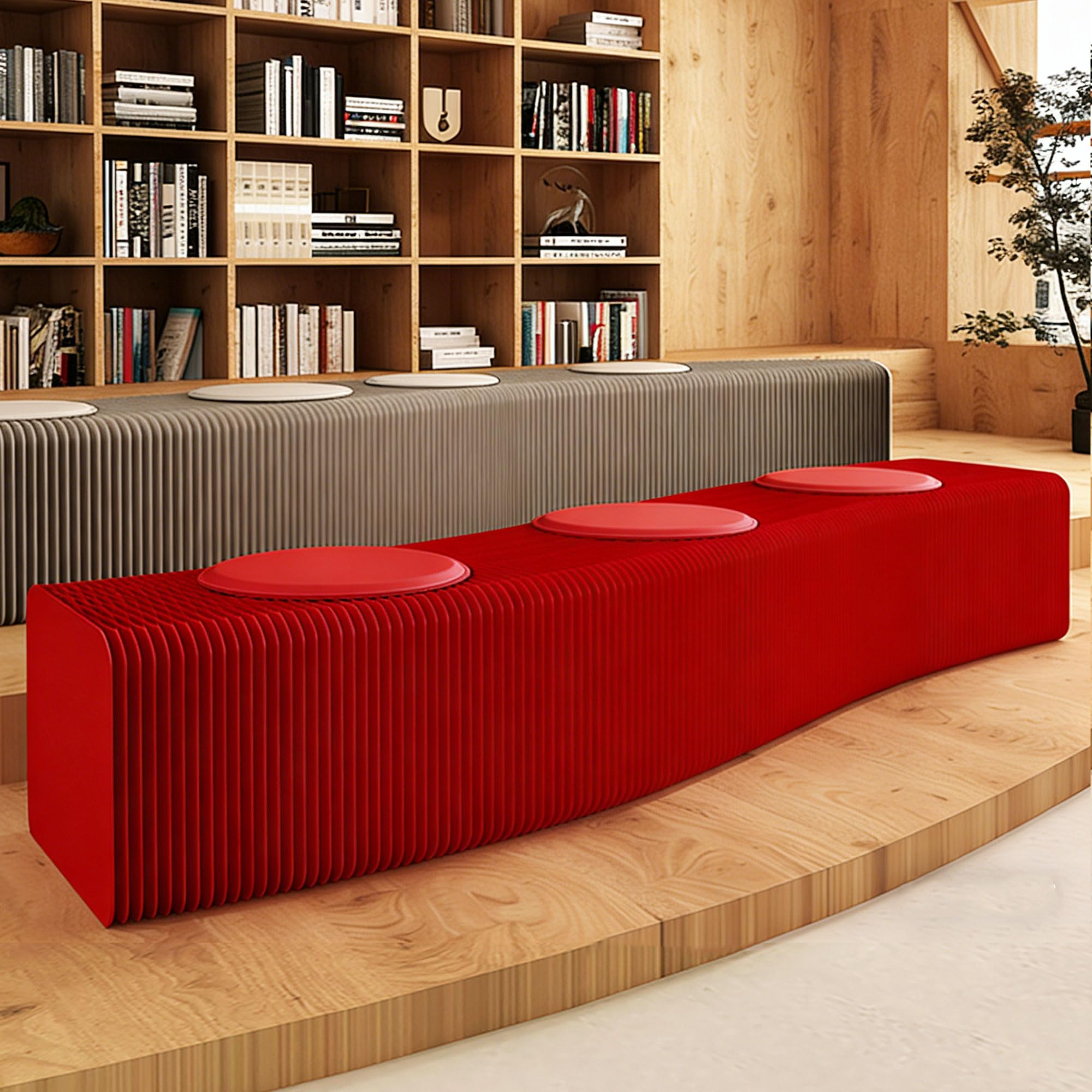 Kraft Paper Rectangle Ottoman - Folding Bench Rest for Bedroom &amp; Entryway, Collapsible Stool with Pad, Portable Stool &amp; Square Ottoman for Living Room Decor, Space-Saving Footrest (Red)