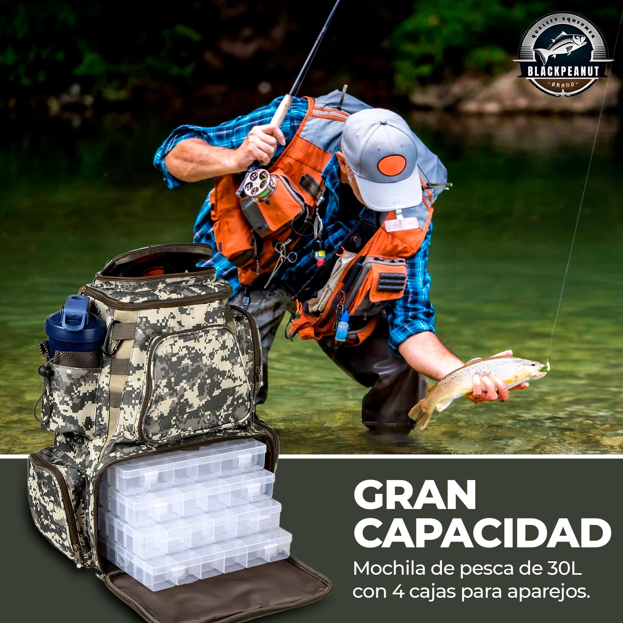 Mochila de Pesca - Cajas de Pesca Incluidas. Almacena y Organiza Tus Accesorios de Pesca- Carro de Pesa de Blackbass, Lucios, Carpfishing, Surfcasting Pesca Desde Orilla.