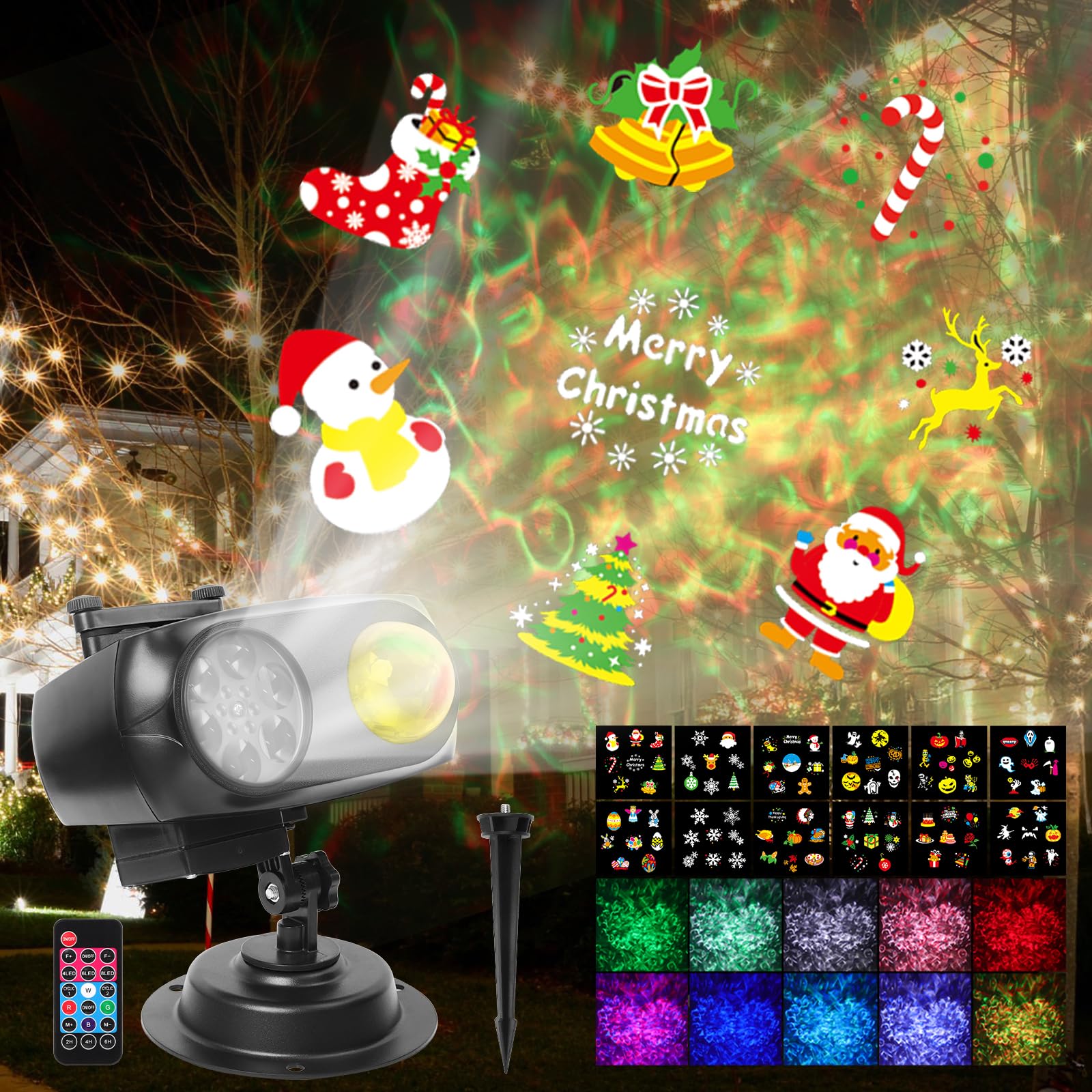 Proyector Navidad y Halloween Exterior Interior, LED Luces de Proyector 96 Patrones & 10 Ondas de Agua Luces Navidad con Control Remoto Impermeable Lámpara de Proyección para Fiestas