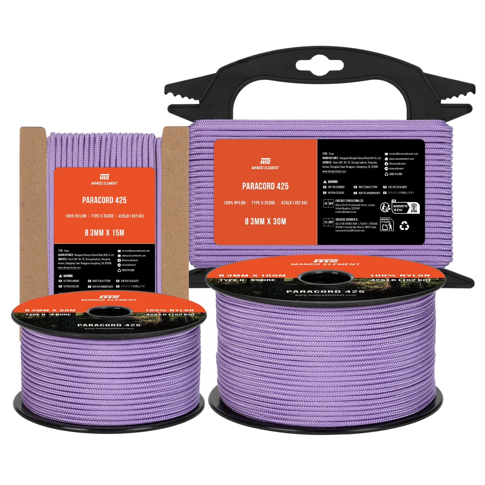 Manco Element 3mm Paracord 425 Type II 15m Lilac | 100% Nylon Rope 3 Strands Tactical Cord | Ideal for Outdoor, Camping, Survival, Crafting, DIY