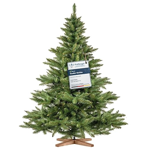 FairyTrees Sapin de Noël Artificiel 180cm NORDMANN | Arbre de Noël avec Support en Bois | Sapin avec Tronc Vert | Made in EU - 180 cm - Tronc D'arbre Vert