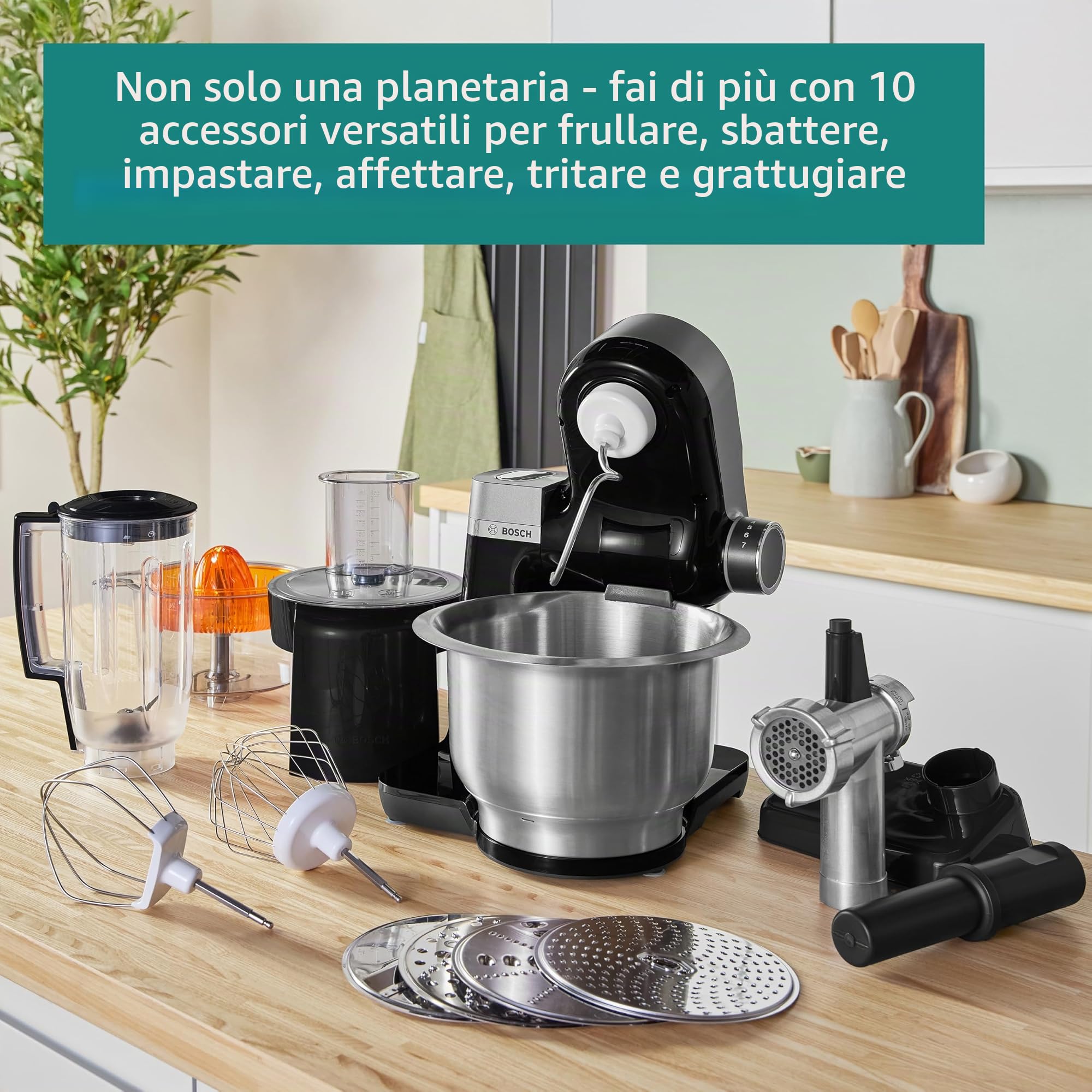 Bosch Robot da cucina 7 in 1 MUMS2VM40G 7 velocità, gancio per impastare, frusta, sbattitore, frullatore, spremiagrumi, tritatutto, 900 W, Nero