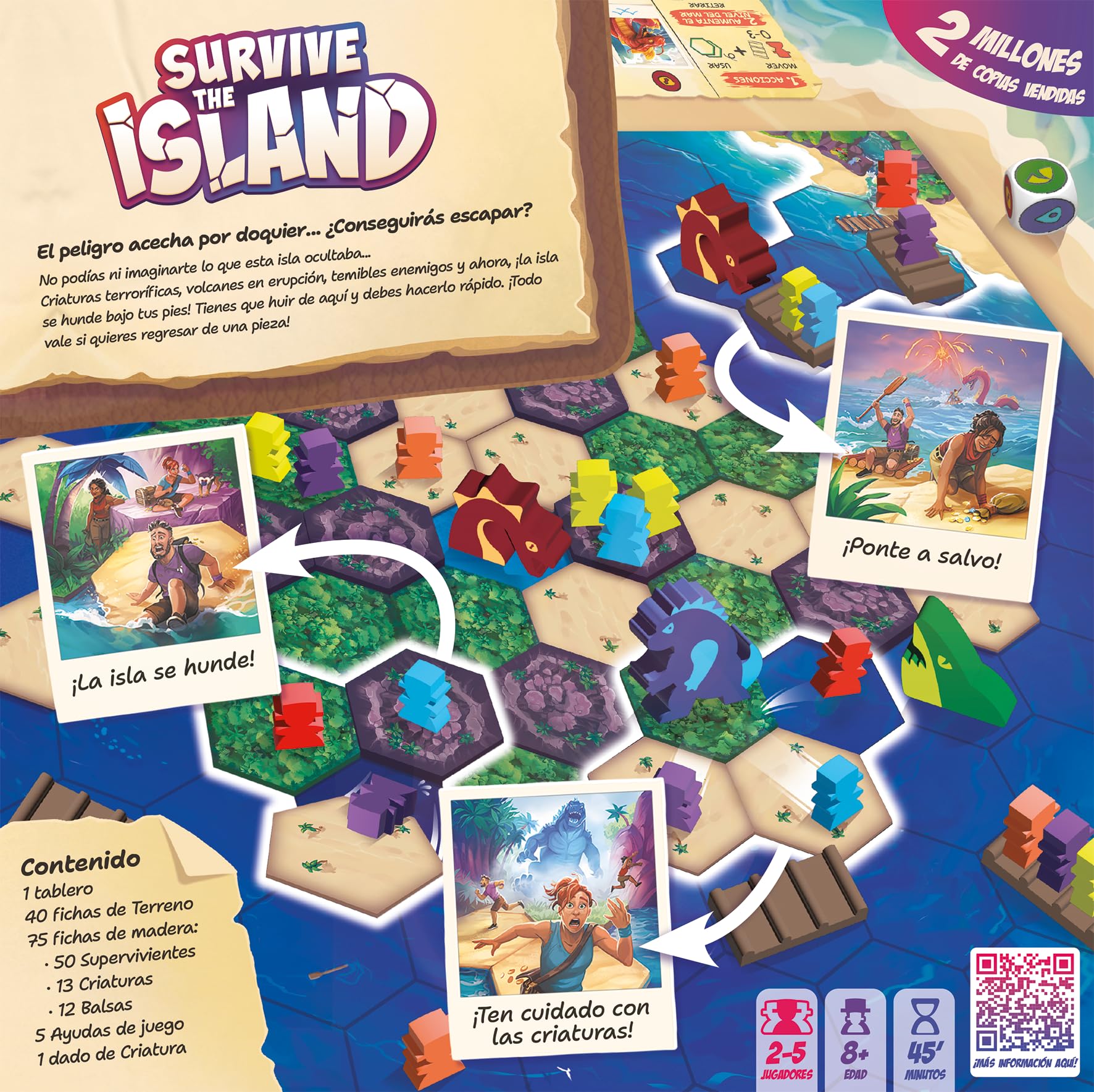 Asmodee Survive The Island, Juego de Mesa Familiar De Supervivencia, Escapa con Los Tesoros, A Partir de 8 Años, De 2 a 5 Jugadores, 45 Minutos por Partida, Español