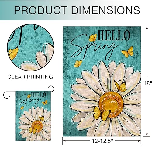 Miniatura 2 de Hzppyz Bandera de jardín con diseño de margaritas con texto en inglés Hello Spring Daisy de doble cara, mariposa floral decorativa para patio,