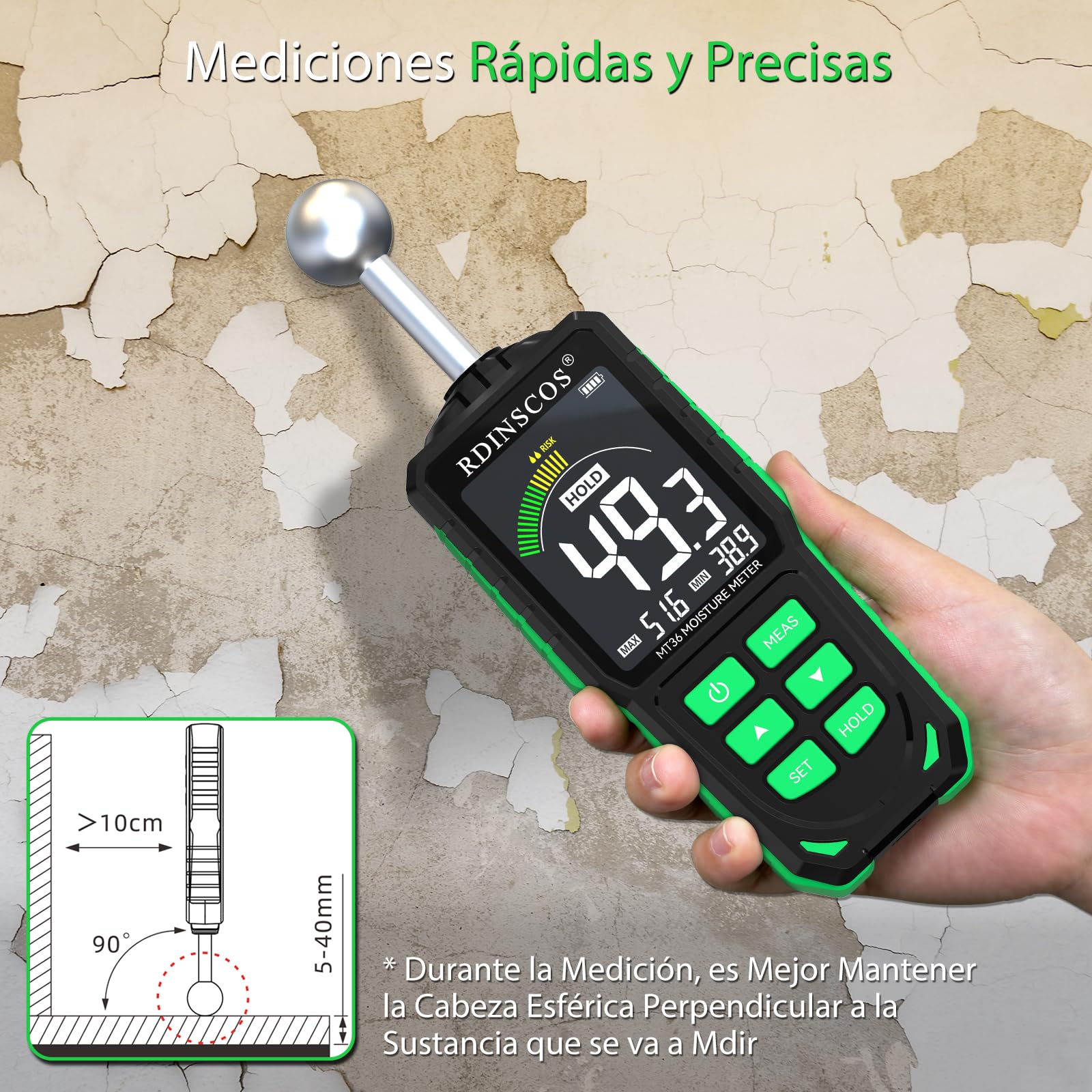RDINSCOS Medidor de Humedad No Destructivo con Sensor Esférico,Medidor de Humedad Recargable Rango de Medición: 4–50 mm,Detección Rápida de Humedad Oculta en Madera/Paredes/Estructuras