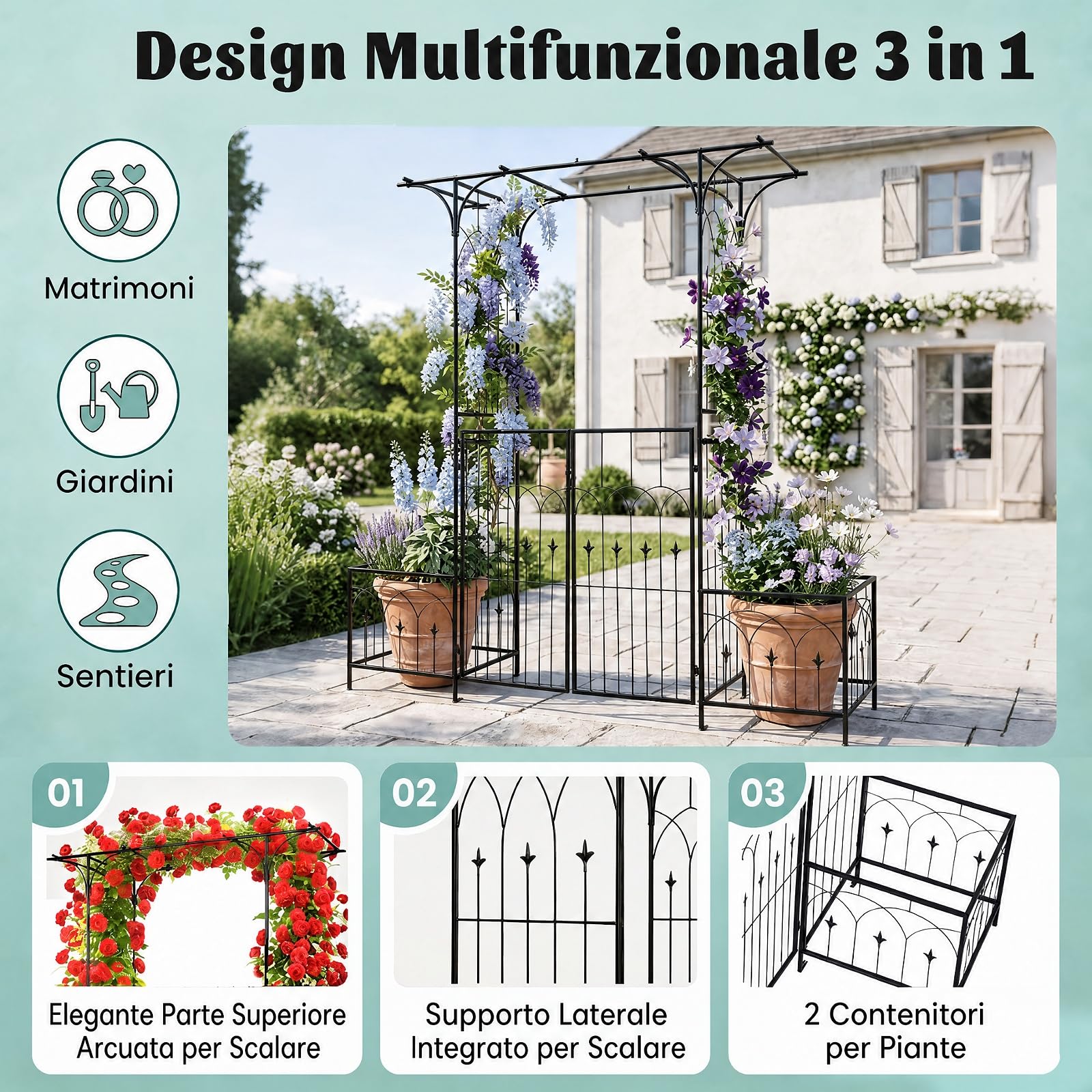 GYMAX Arco da Giardino con 2 Fioriere e Porte Bloccabili, per Rampicanti